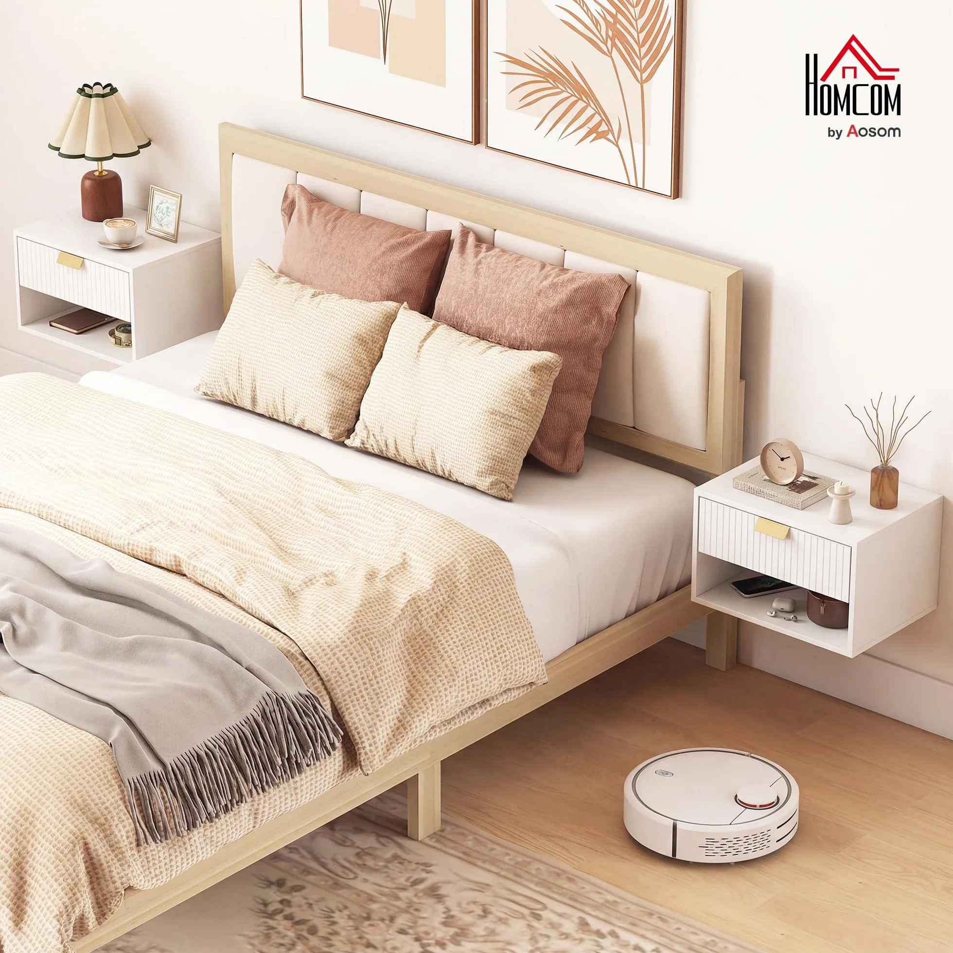 HOMCOM Juego de 2 Mesitas de Noche Flotantes con Cajón 40x30x25 cm Blanco | Mesillas de Noche, Frente Ondulado, Estante Abierto, Diseño Moderno, para Dormitorio
