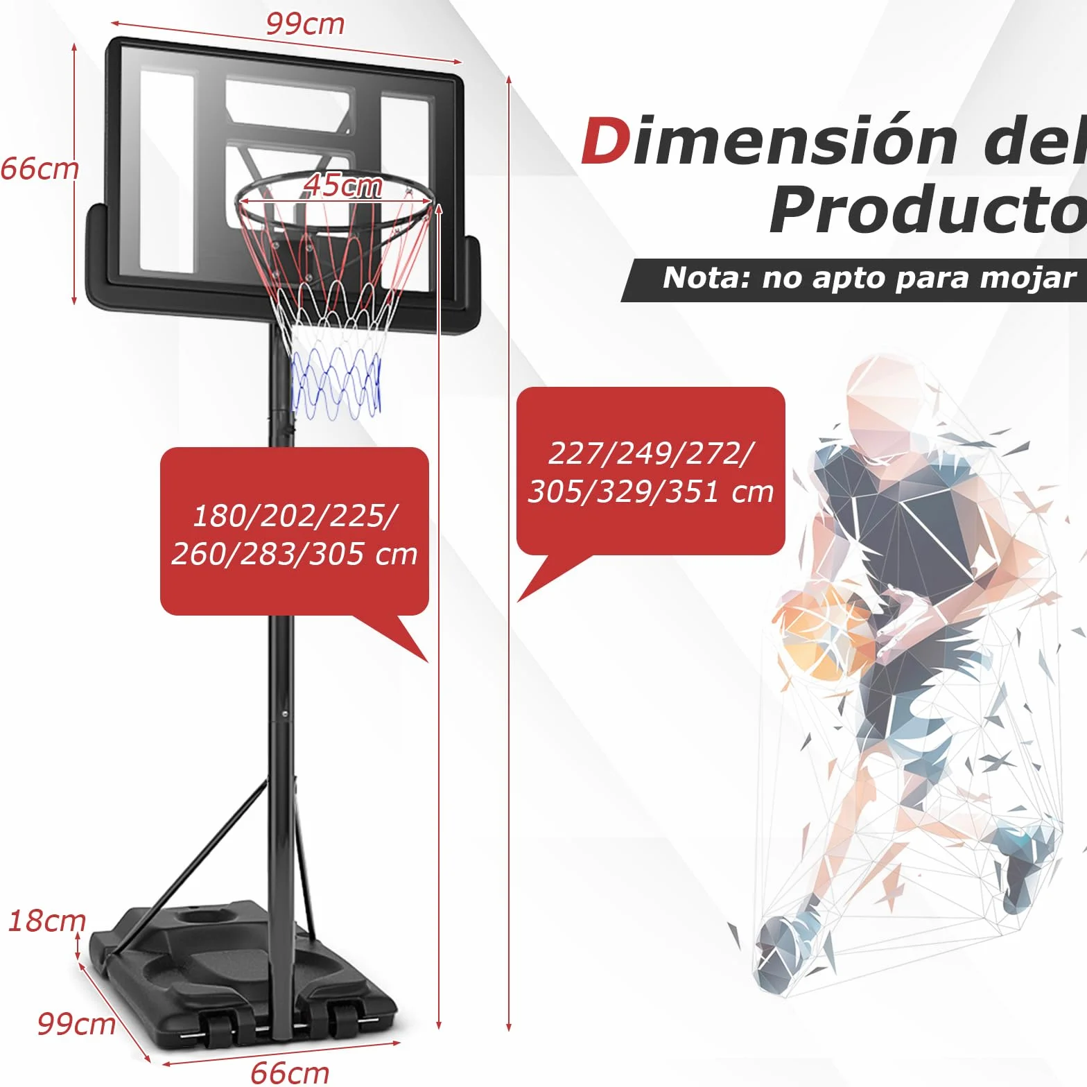 GOPLUS Canasta de Baloncesto Portátil Altura Ajustable 260-305 cm Soporte Base Rellenable