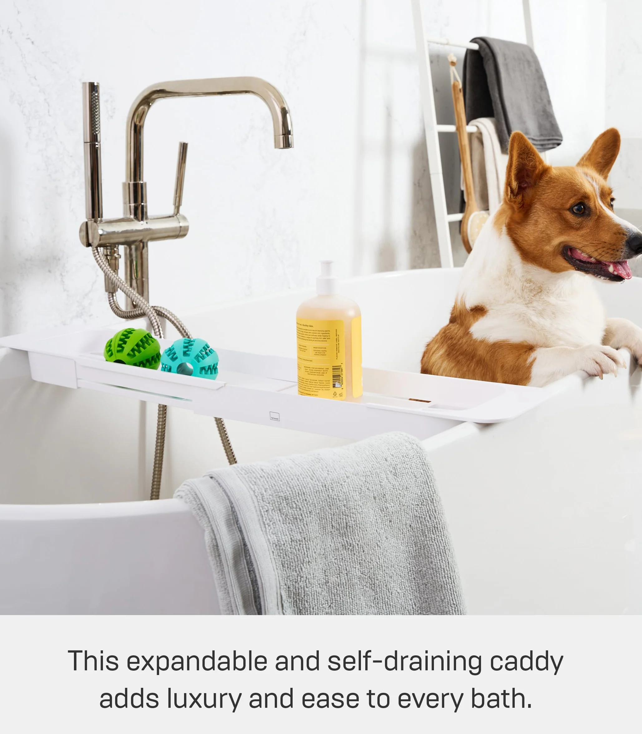 Yamazaki 3546 Tower Extendable Bathtub Tray, White, ABS Resin, 57.5~75 x 15.5 x 4.5 cm