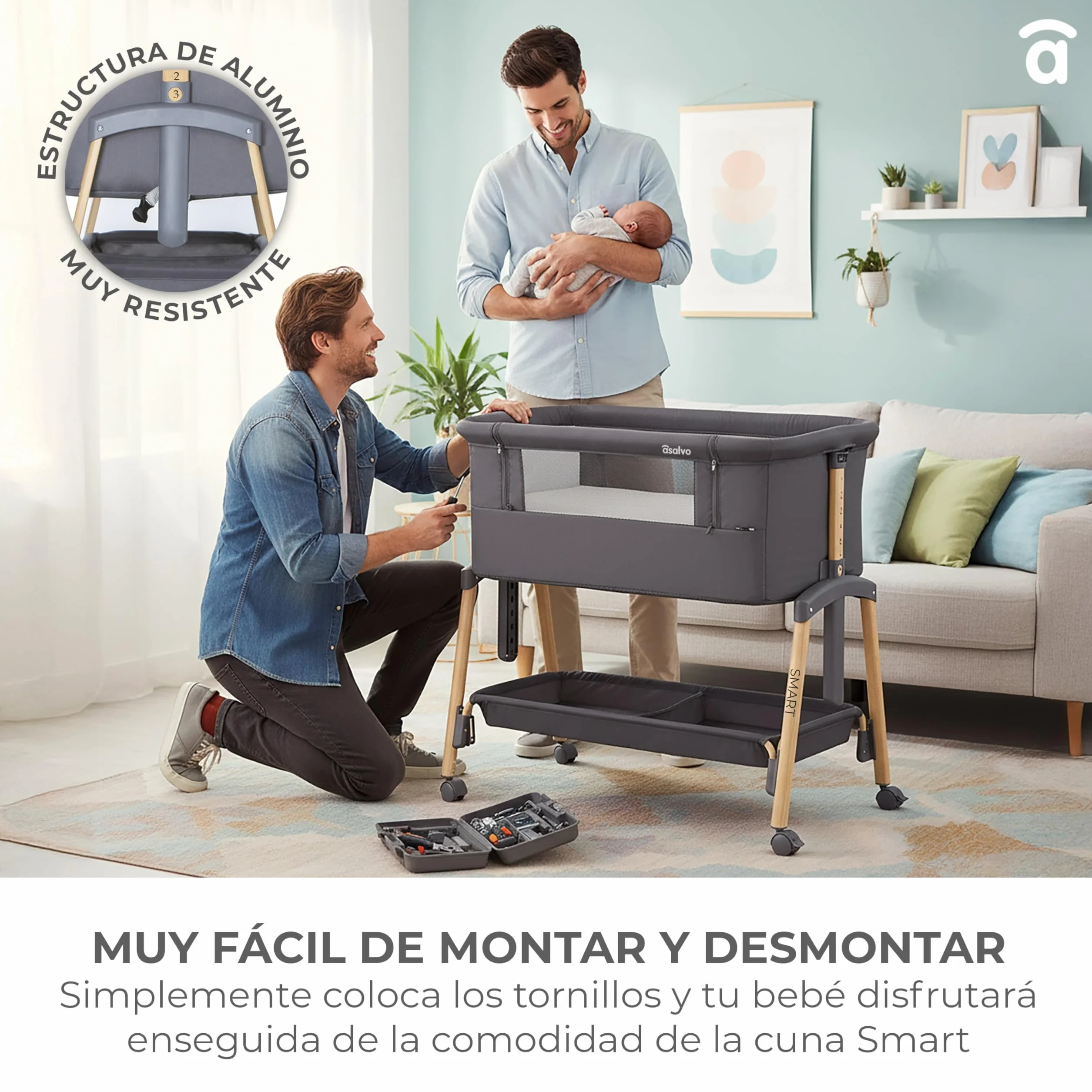 Asalvo Smart Minicuna Colecho Bebé 2 en 1 – Cuna Colecho con 7 Alturas Regulables, Ruedas con Freno, Colchón Incluido