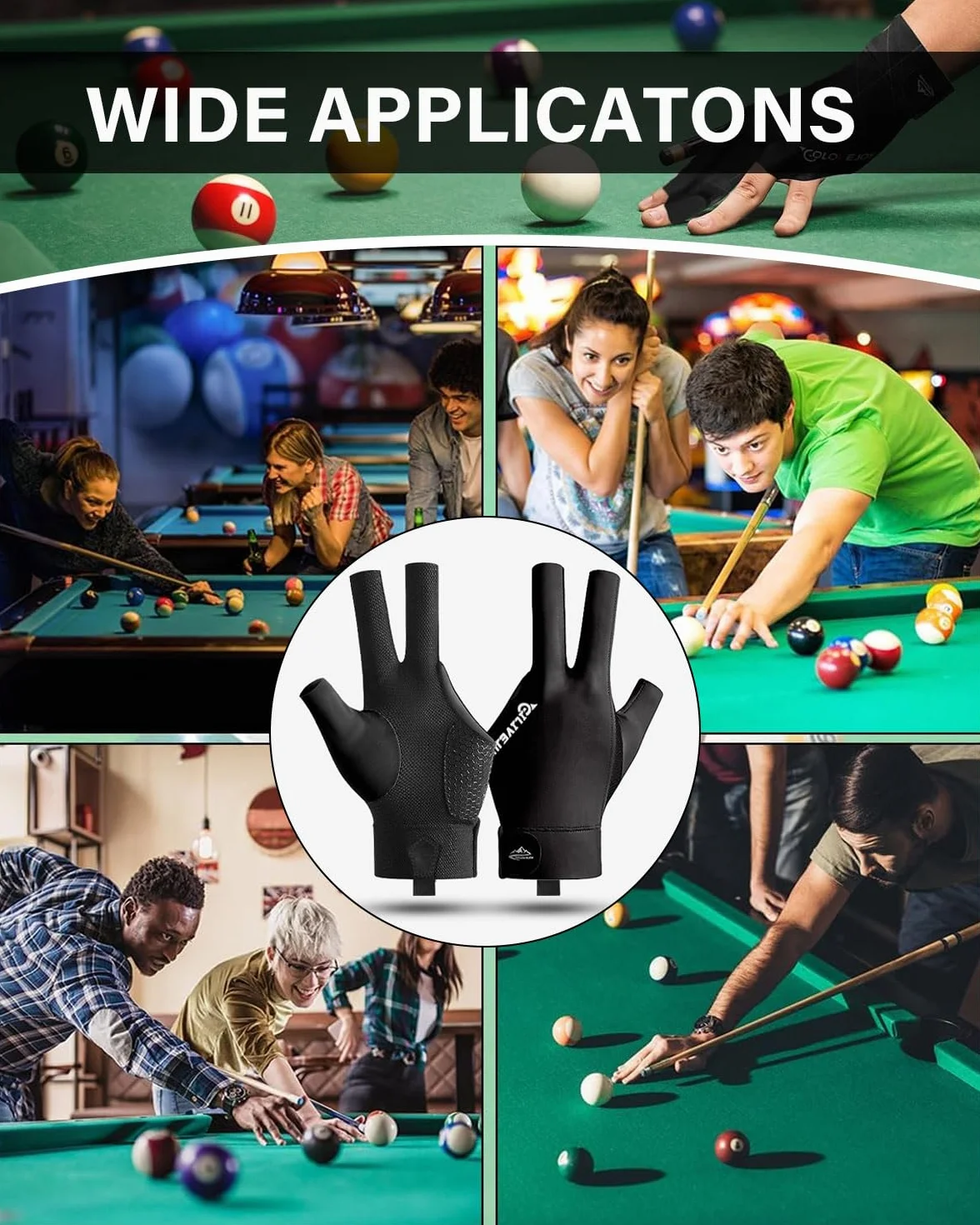 Guantes de Billar Transpirables y Antideslizantes - Abiertos de Tres Dedos, Ajustables, Para Snooker y Taco de Billar, Mano izquierda, Color Negro,1pcs
