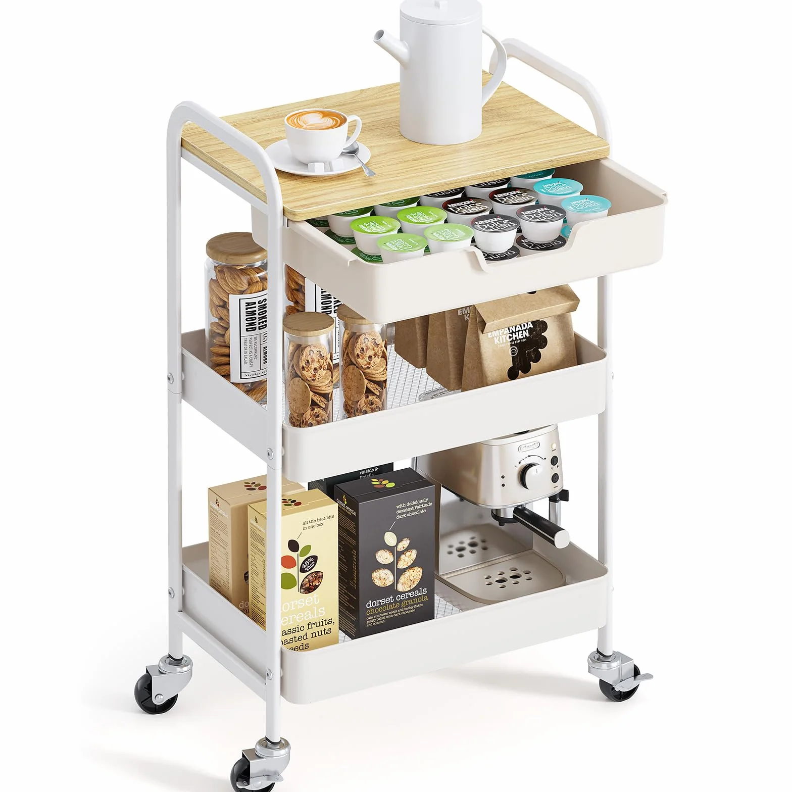 KINGRACK Carro Auxiliar de Cocina de 3 Niveles, Carrito verdulero con Asa, Ruedas, y cajones, para baño peluqueria, con Tapa de Madera, Blanco WKUK830549-1
