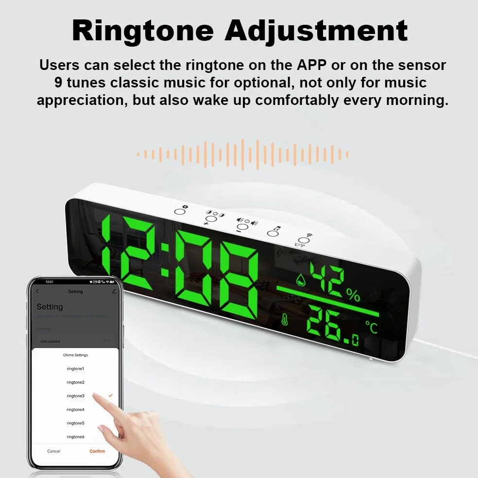 Reloj Digital Inteligente WiFi con Sensor de Temperatura y Humedad App Reloj Despertador Pantalla de Tiempo LED Termómetro Interior para Sala Estar Dormitorio Blanco