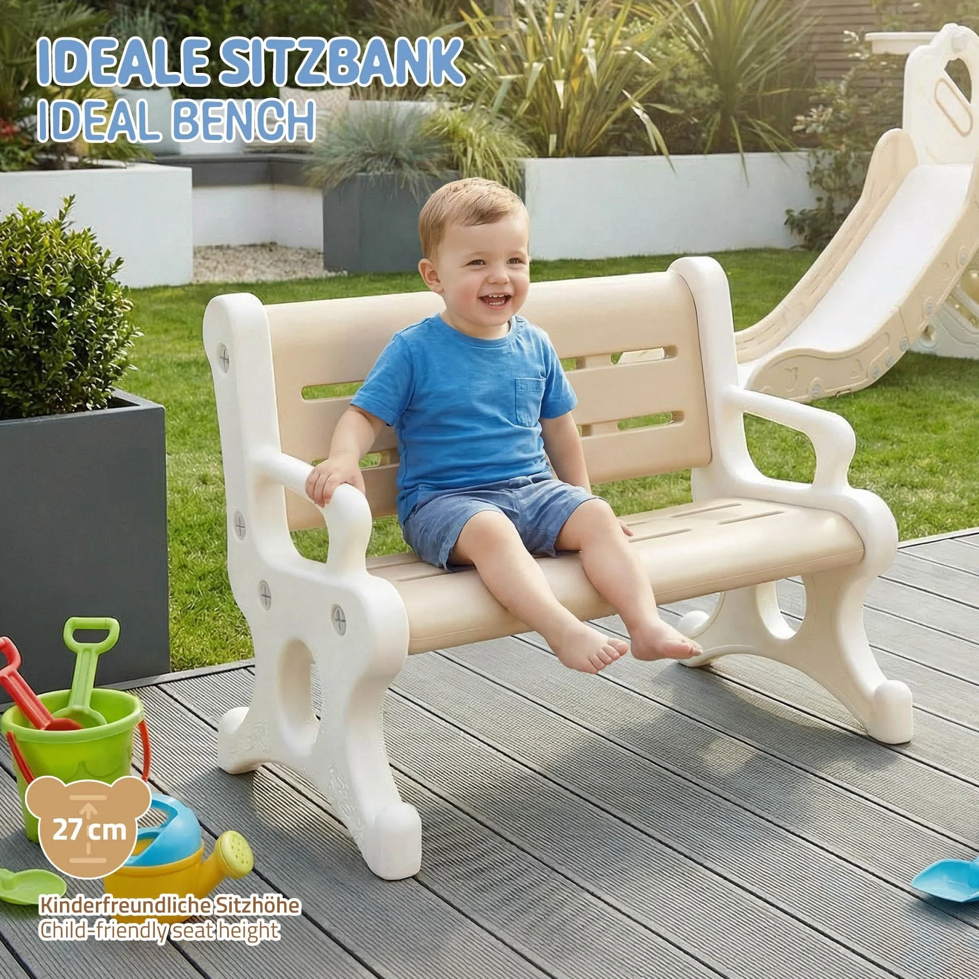 Joyz Banco Infantil Exterior 2 Asientos Plástico Marrón Blanco Resistente Intemperie 81,5x59,5x48 cm