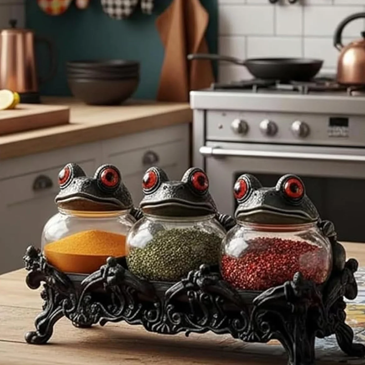 Tarros de especias de boticario con forma de rana Elegantes recipientes de cerámica con ranas, equipados con exquisitas tapas de rana. Recipientes para almacenar