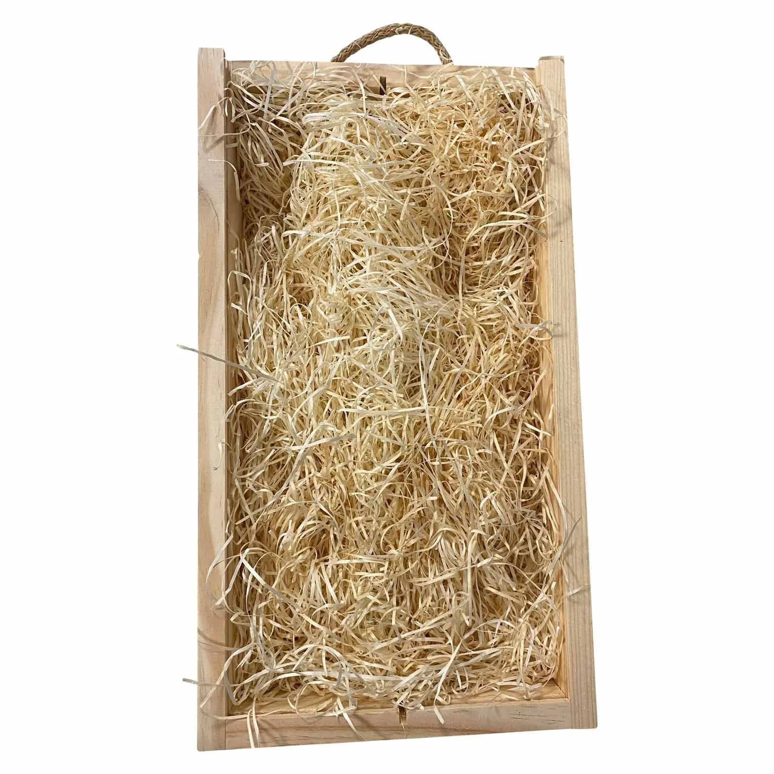 ADRI. Caja de madera para vino con virutas de relleno | 2 Botellas | Tapa corredera en DM y asas para transportar. Medidas de la caja 35 x 21 x 11 cm