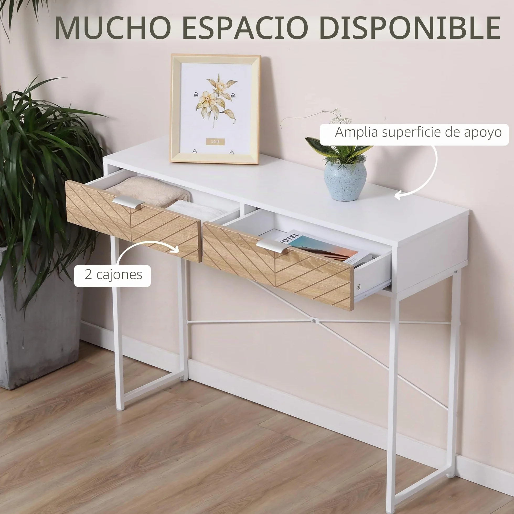 HOMCOM Mesa de Consola Estrecha Mueble Recibidor Mesa de Sofá con 2 Cajones Diseño de Líneas Talladas Estilo Moderna para Pasillo Entrada Salón Dormitorio 100x30x75 cm Blanco y Roble