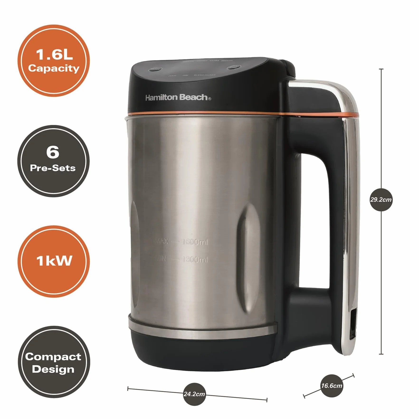 Hamilton Beach Máquina de sopa, licuadora de batidos y mermelada 3 en 1, 1.6 L, pantalla digital en ángulo de fácil lectura, sensor de agitación automática y derrame, hace 4-6 porciones de sopa, fácil