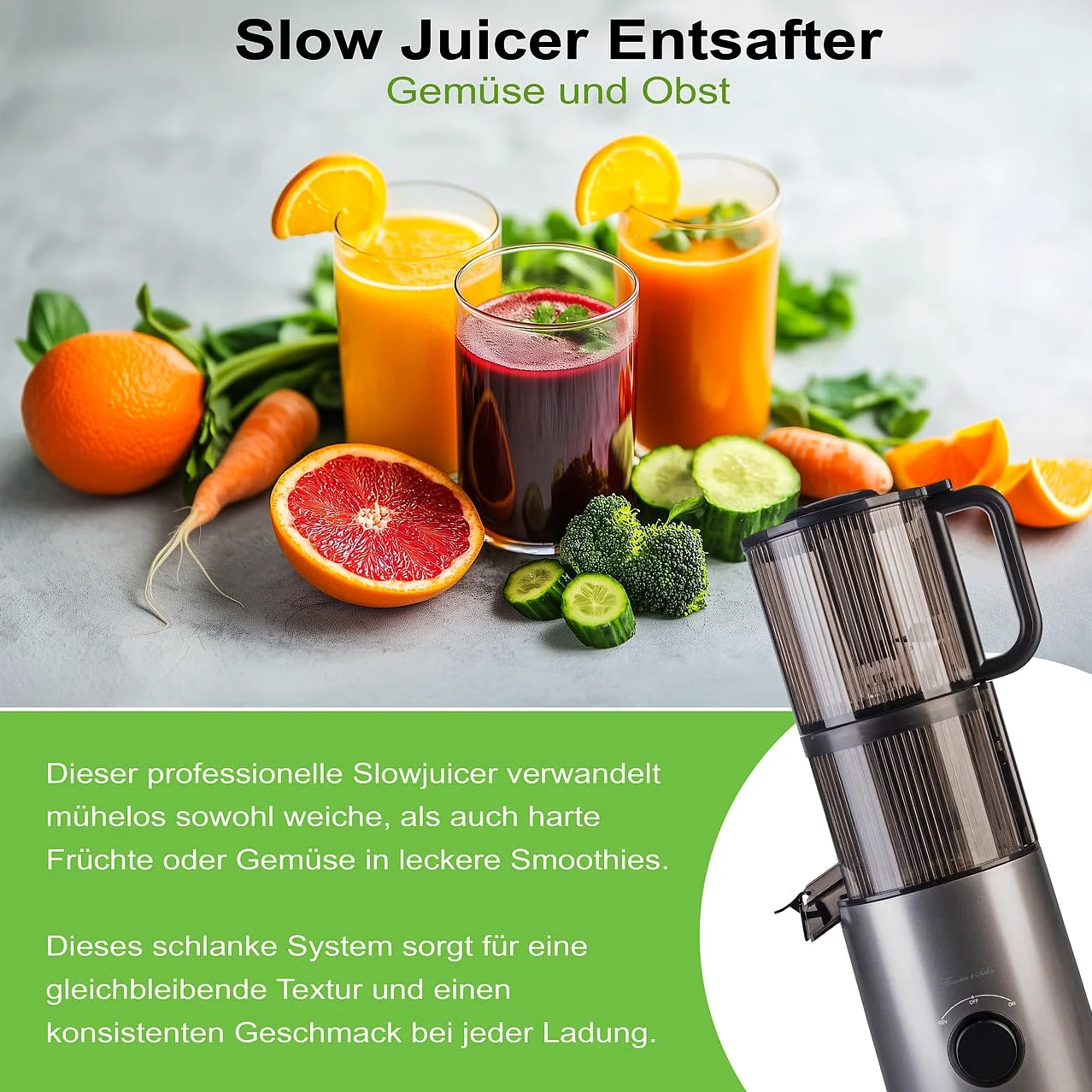 Rosenstein & Söhne Extractor de zumo lento eléctrico 200 W 800 ml con marcha atrás