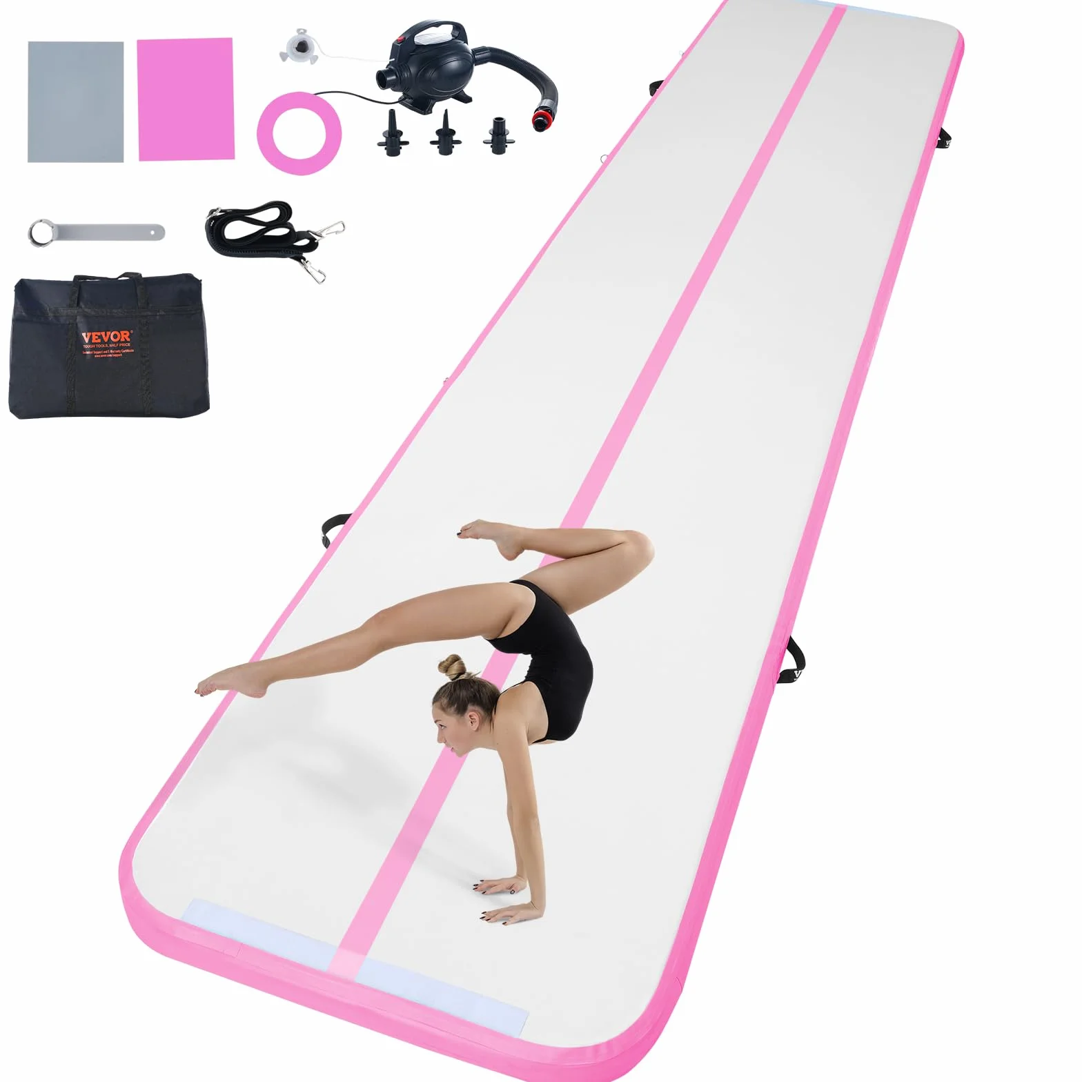 VEVOR Colchoneta Inflable de Gimnasia 10 cm Grosor, Pista de Acrobacia con Bomba Eléctrica, 5 m, Rosa