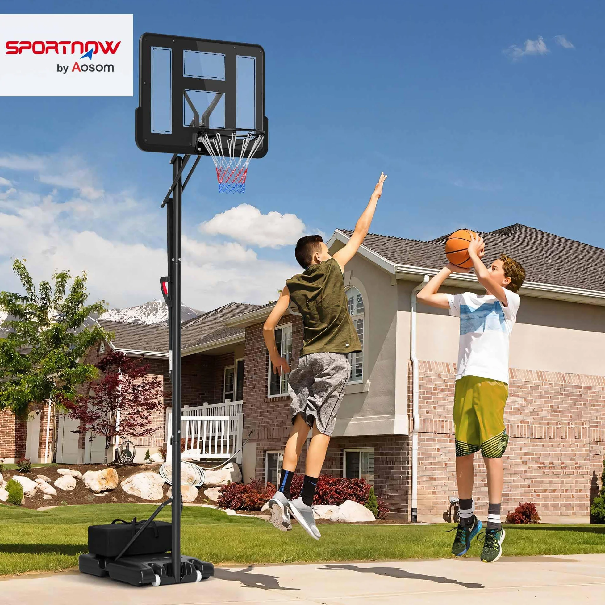 SPORTNOW Canasta de Baloncesto Ajustable 235-305 cm Exteriores Interiores Portátil con Ruedas Base Rellenable Negro
