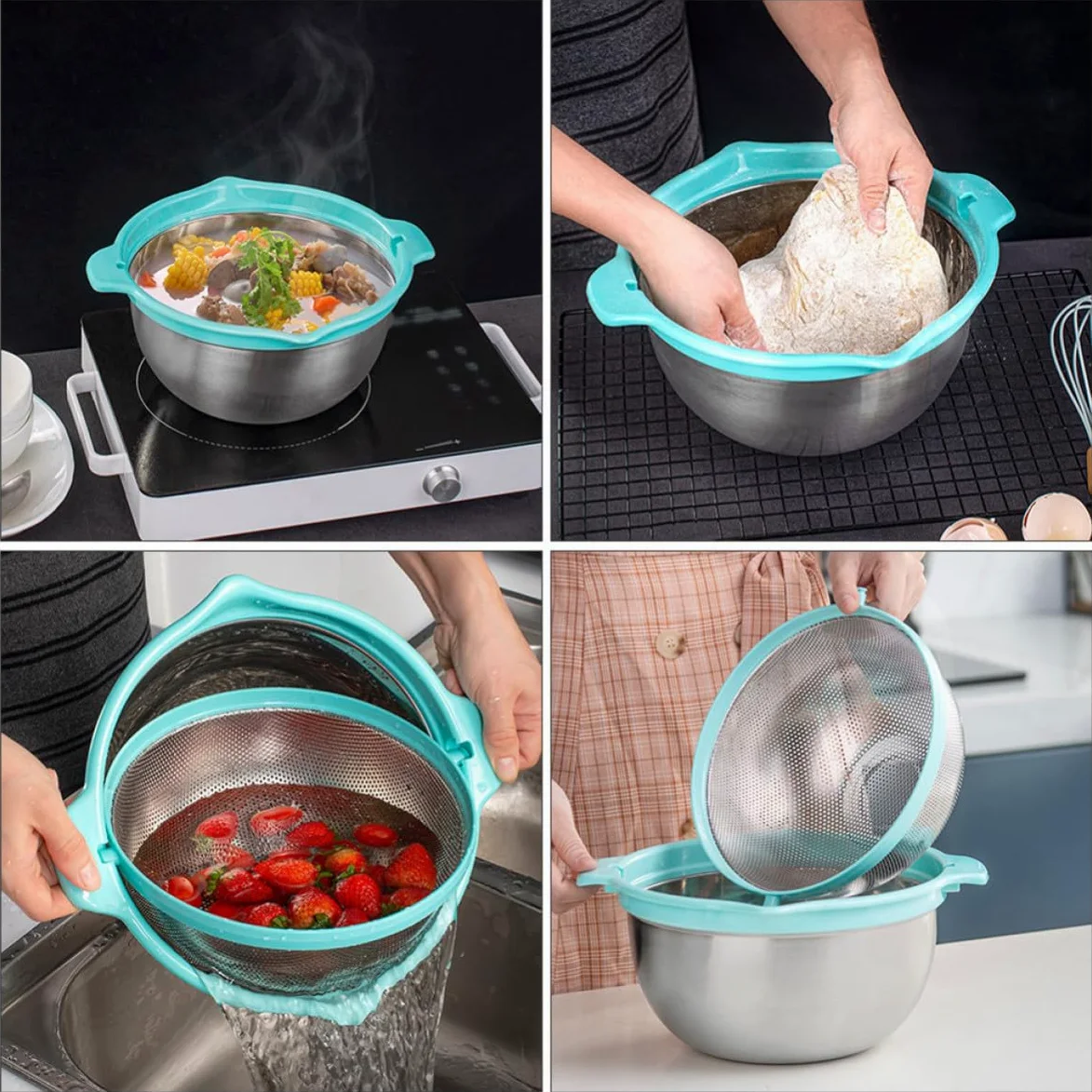 IMIKEYA Colador de Cocina Doble Capa de Acero Inoxidable Cesta para Escurrir Arroz y Frutas, Juego Multifuncional para Almacenar y Drenar Alimentos en Cocina