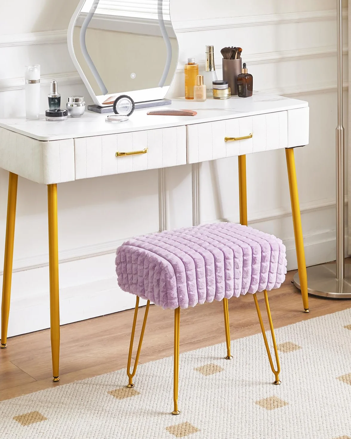 IBUYKE Otomano Rectangular Taburete de Terciopelo con Piernas de Acero Dorado Púrpura