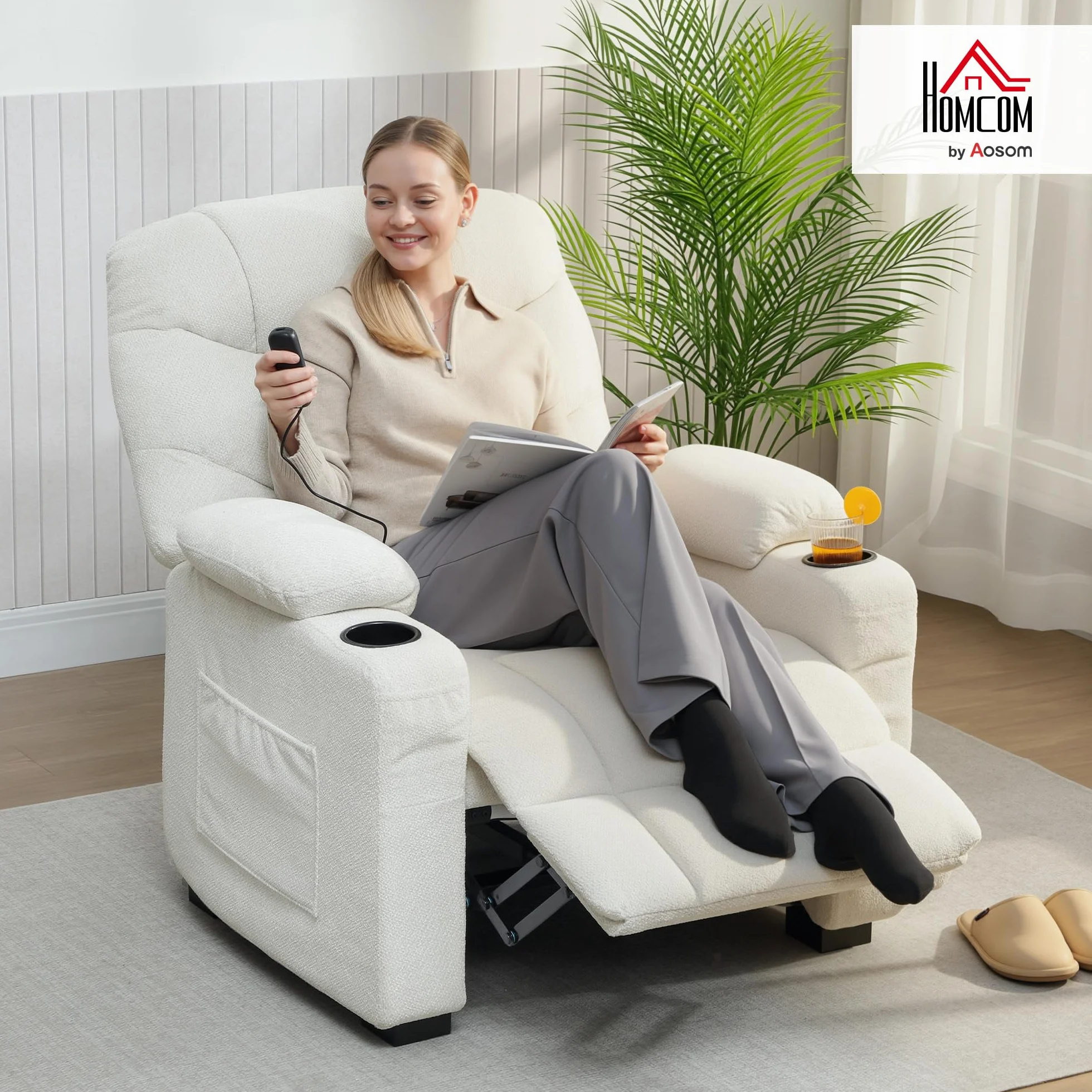 HOMCOM Sillón Relax Reclinable Eléctrico, Sillón Reclinable Silencioso con Función Memoria, Reposapiés, Mando a Distancia, Bolsillos Laterales, Portavasos y Puerto USB, para Dormitorio, Salón, Crema