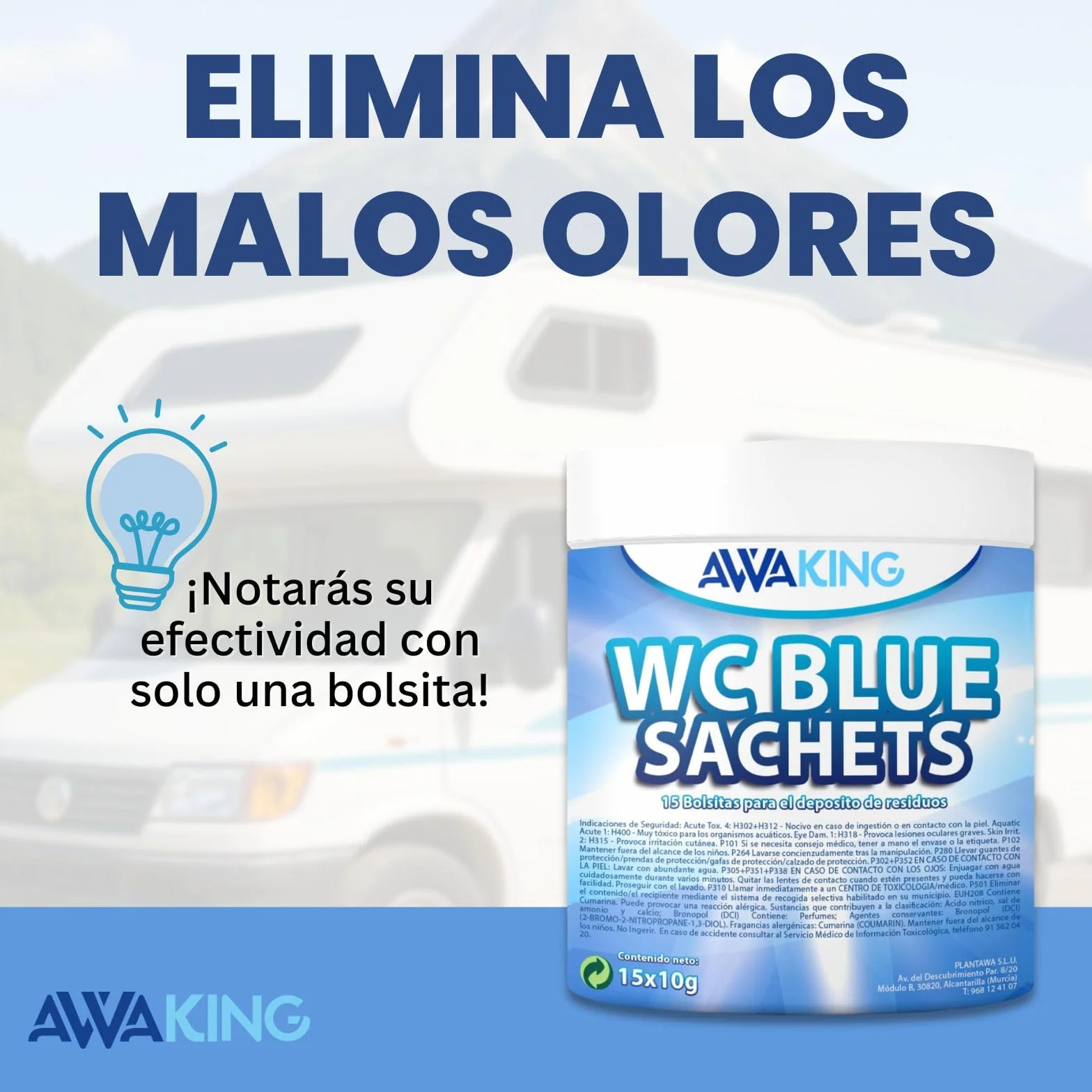 Pastillas WC Quimico Autocaravana AWAKING Blue Sachets 15ud Higieniza Desodoriza Concentrada