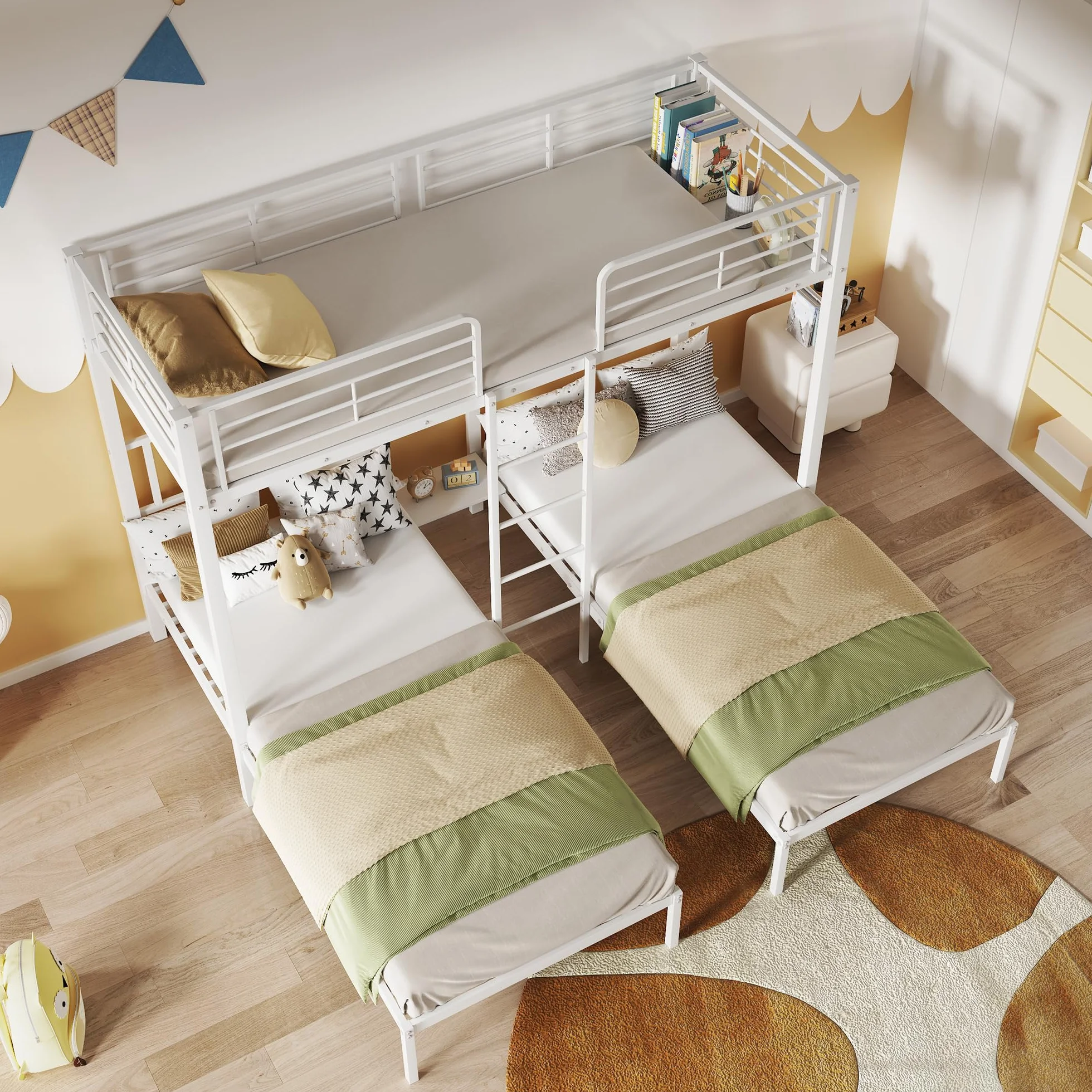 Moimhear Cama Triple, litera Triple con Escalera para niños y Adolescentes, Cama de Hierro con Puerta de Seguridad y Mesa (90x200cmx3, Blanco)