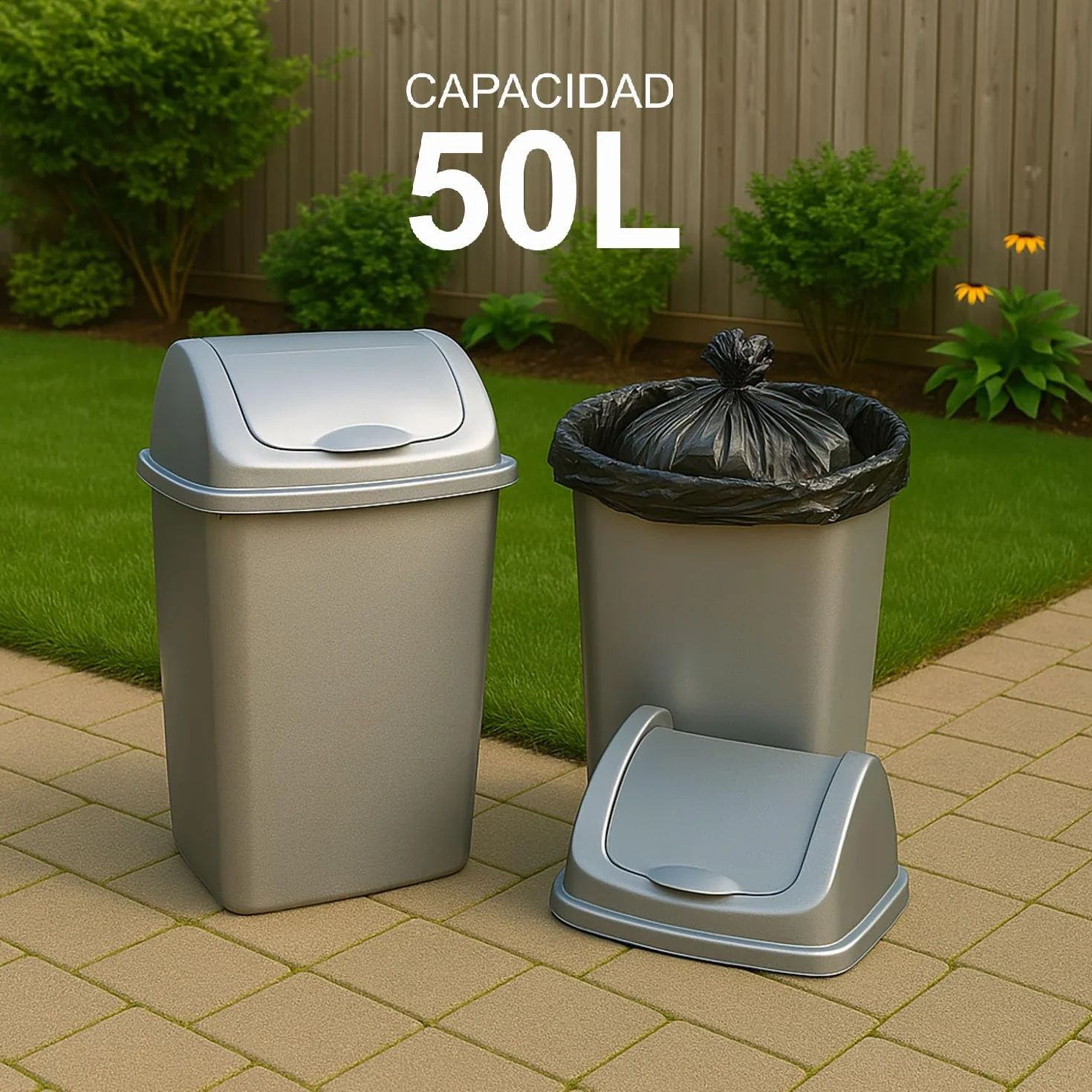 TIENDA EURASIA - Papelera con Tapa Basculante, Cubo de Basura 50 Litros, Papelera para Baño, Oficina, Cocina, Cubo Basura Tamaño 40 x 35 x 68 cm (Plata)