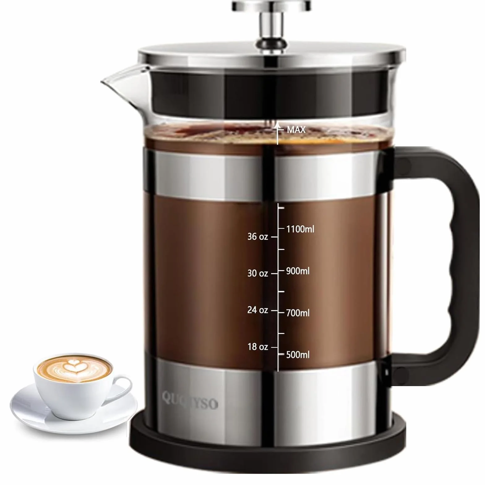 QUQIYSO Cafetera de prensa francesa de acero inoxidable 304 de 50 onzas con 4 filtros, resistente al calor, duradera, fácil de limpiar, prensa de café de vidrio de borosilicato, plateado