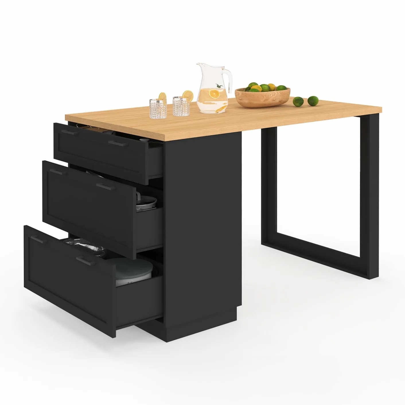IDMarket – Ilot Central – Comedero de pie 4 personas VITO 130 cm cacerola 3 cajones negro y bandeja madera