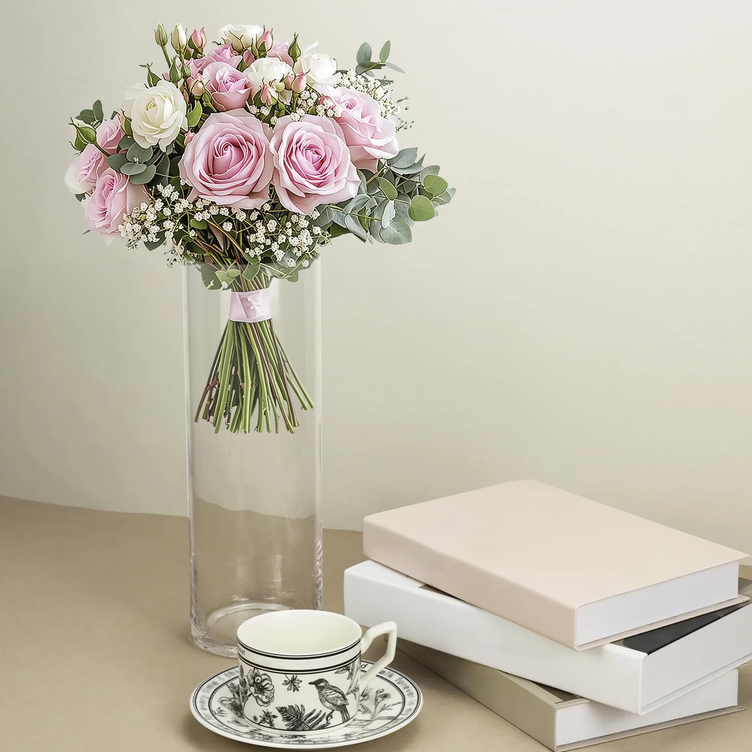 QWORK® Jarrón Grande de Cristal Transparente 30x10 cm para Flores - Diseño Moderno Cilíndrico