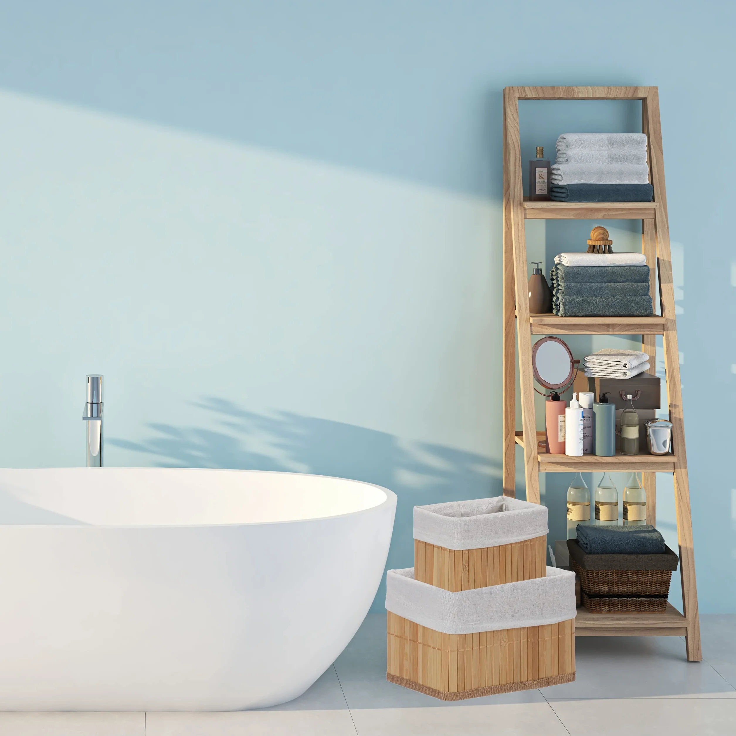Relaxdays Set de Seis cestas de almacenaje, Funda de Tela, Bambú, Cuadrado y Rectangular, Organizador, Gris