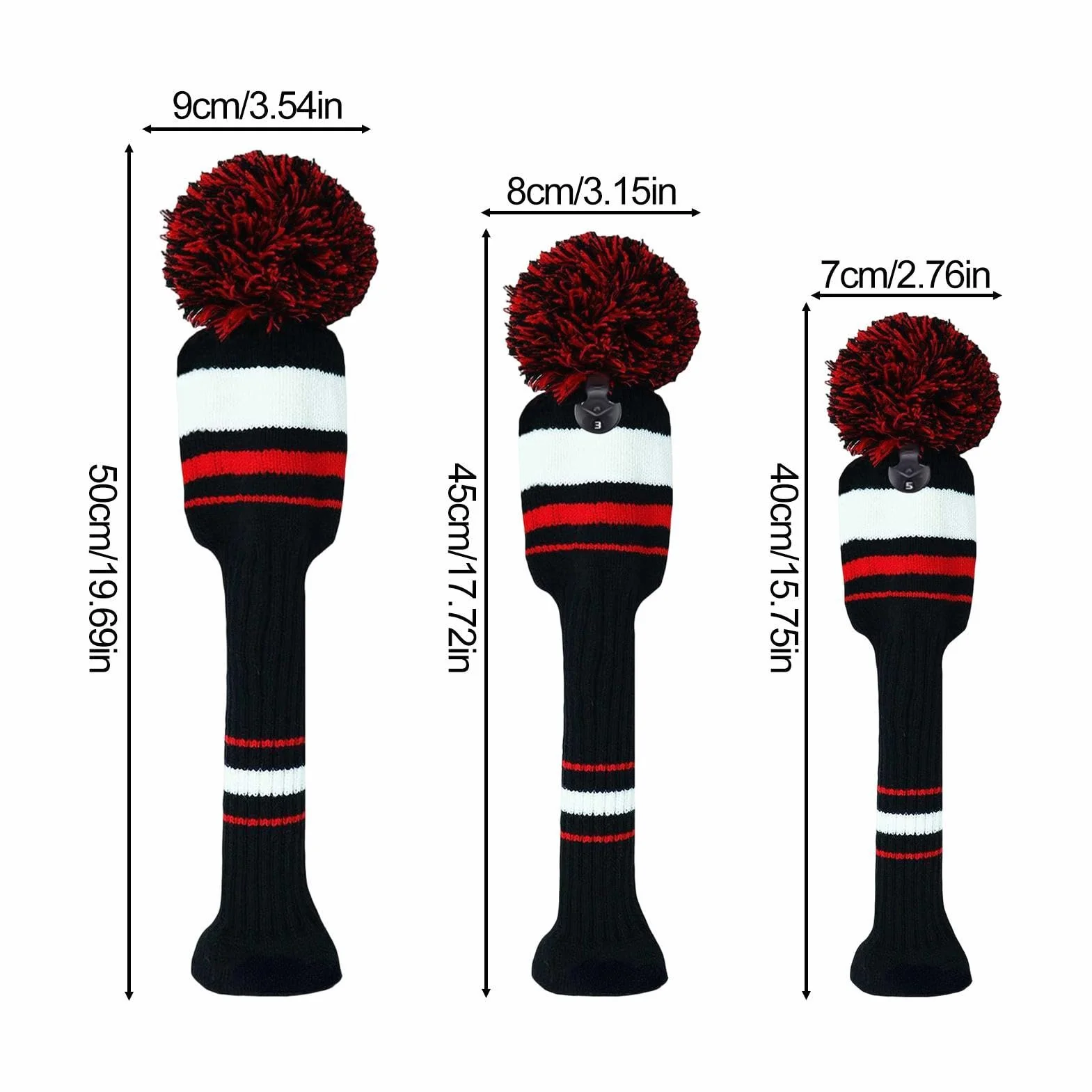 Fundas de Madera de Golf Paquete de 3, Protectora para Cabeza de Conductor Híbrido, Sombrero de Lana de Punto a Rayas, Elástico Antiarañazos, Lavable