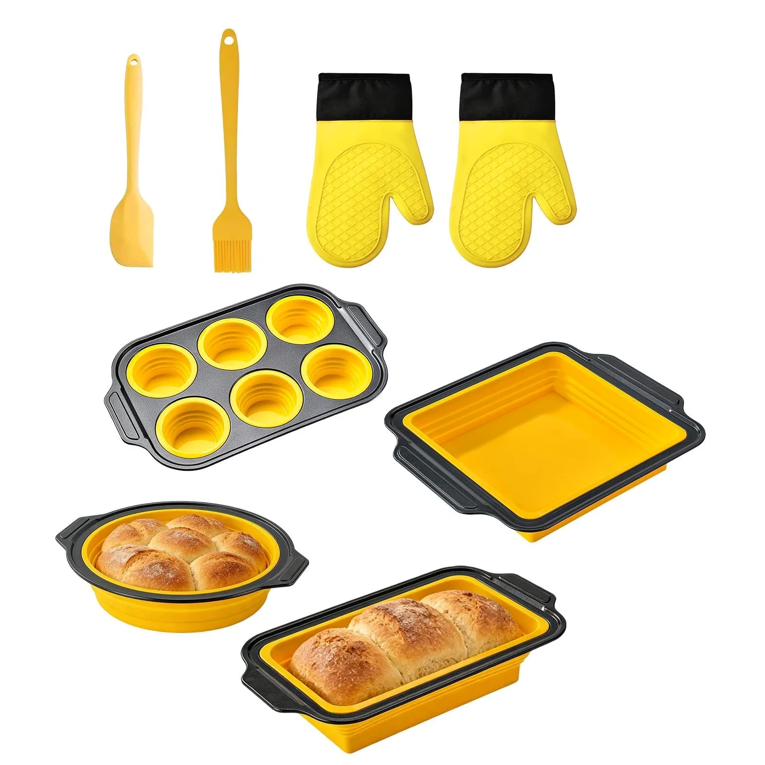 Juego de Moldes de Silicona para Hornear Vajilla Flexible para Hornear | con Guante, Rasqueta y Cepillo Set Apilable Resistente al Lavavajillas, para Magdalenas, Pan, Galletas, Cupcakes, Huevos,