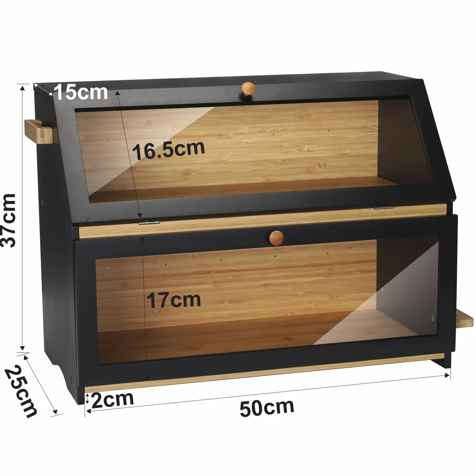 Leader Accessories Caja de Pan de Bambú de 2 Niveles, Recipiente de Pan con Tapa Frontal de Solapa, Botellas de Verduras y Especias del Gabinete de Pan, etc., 50 * 37 * 25 cm, Negro