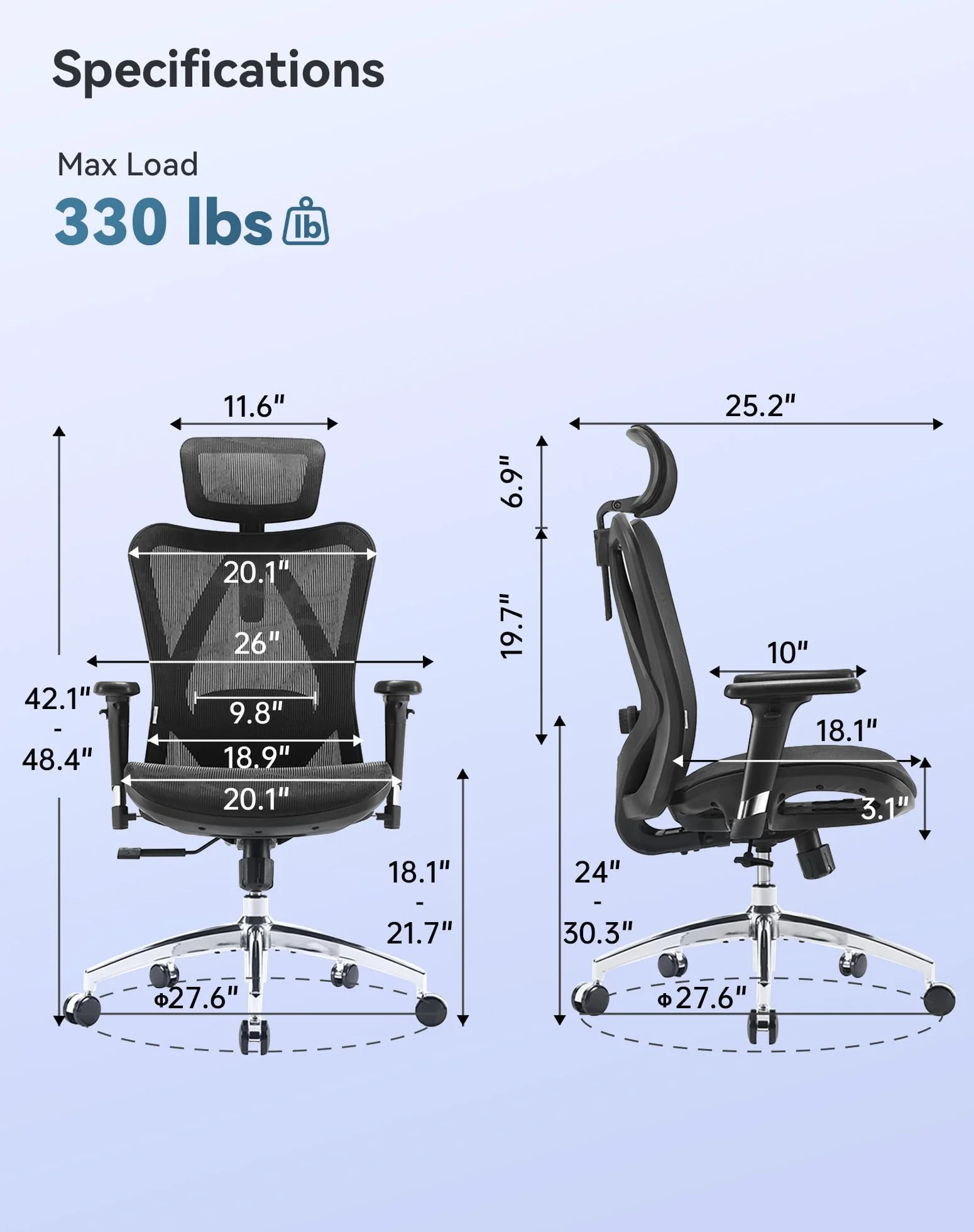 SIHOO Silla de Oficina ergonómica, Respaldo Alto, Asiento Trasero de Malla, Transpirable, reposabrazos 3D Ajustable y Soporte Lumbar, Base de Metal (Negro)