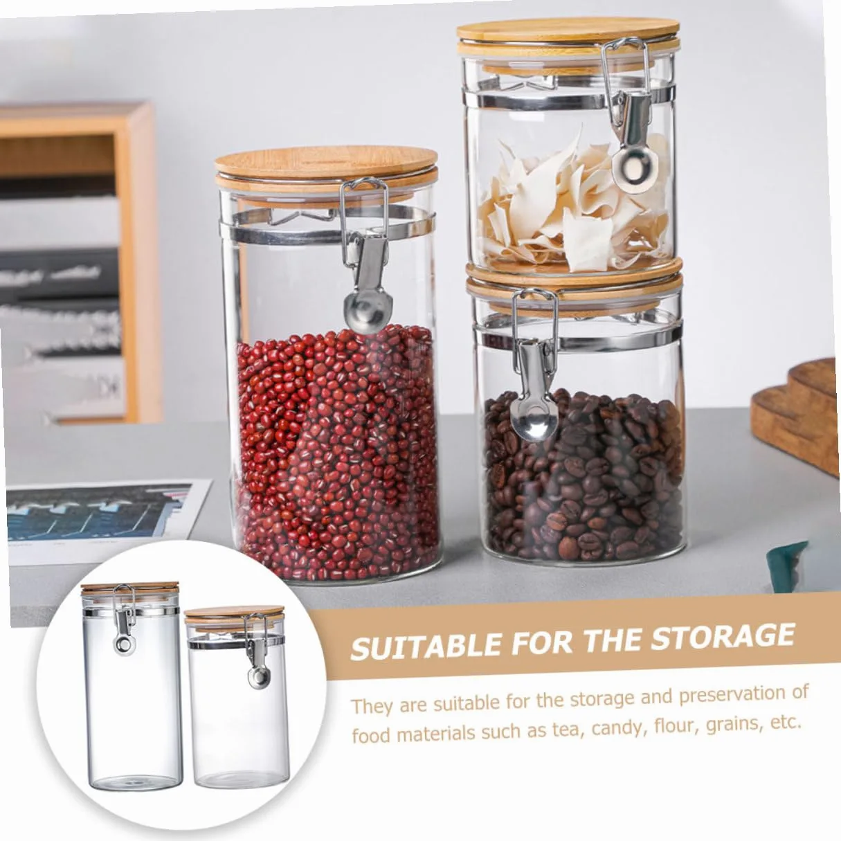 POPETPOP Tarros Herméticos para Almacenamiento de Harina y Alimentos de Vidrio y Acero Inoxidable Tapa de Madera Set de 2 Diseño Claro y Estructura Estable en Cocina