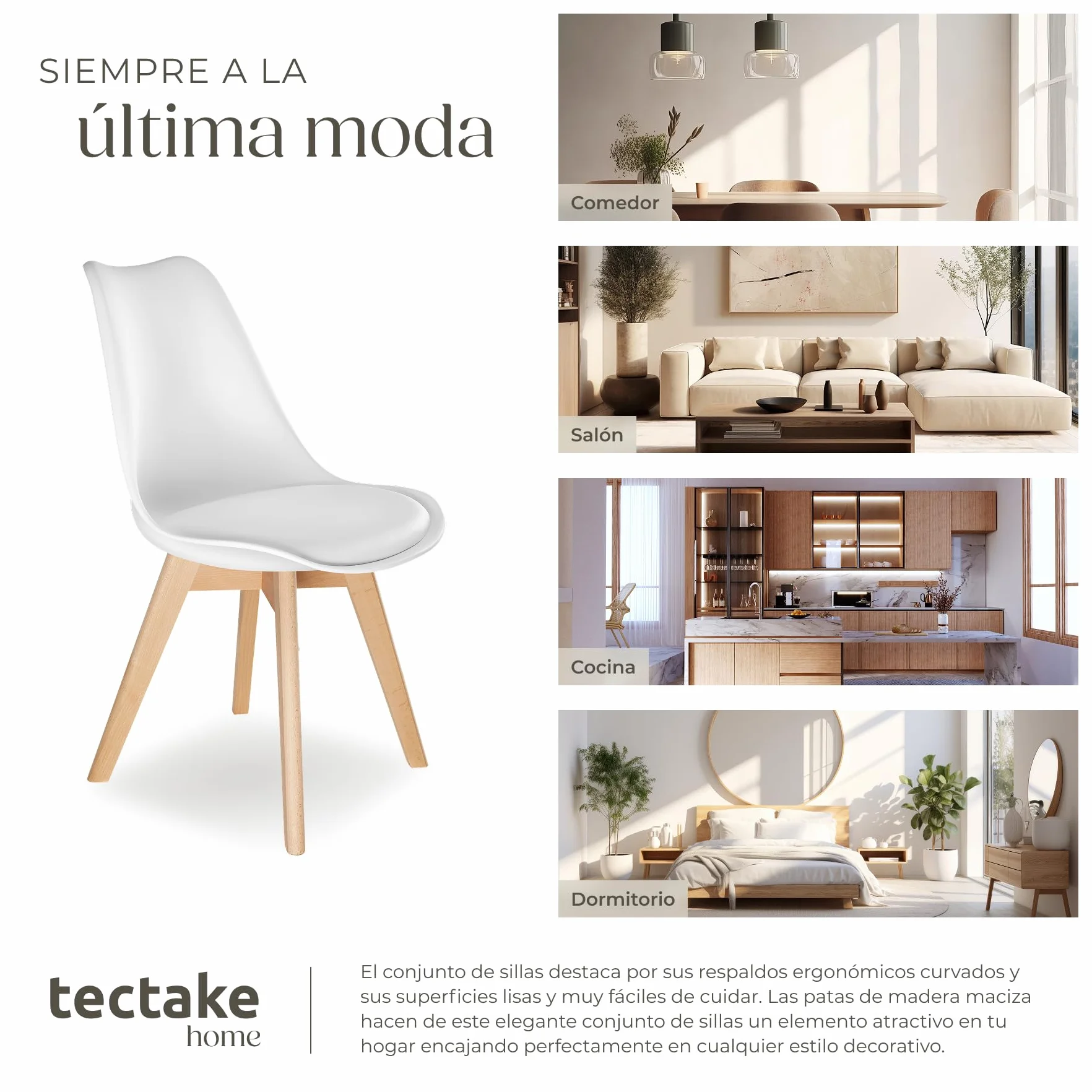 tectake® Sillas de Comedor, Muebles Comedor con Diseño Nórdico, Conjunto Sillas Cocina, Asiento Acolchado Silla Ergonómica, Mueble Cocina Moderno - Set de 2 Blanco