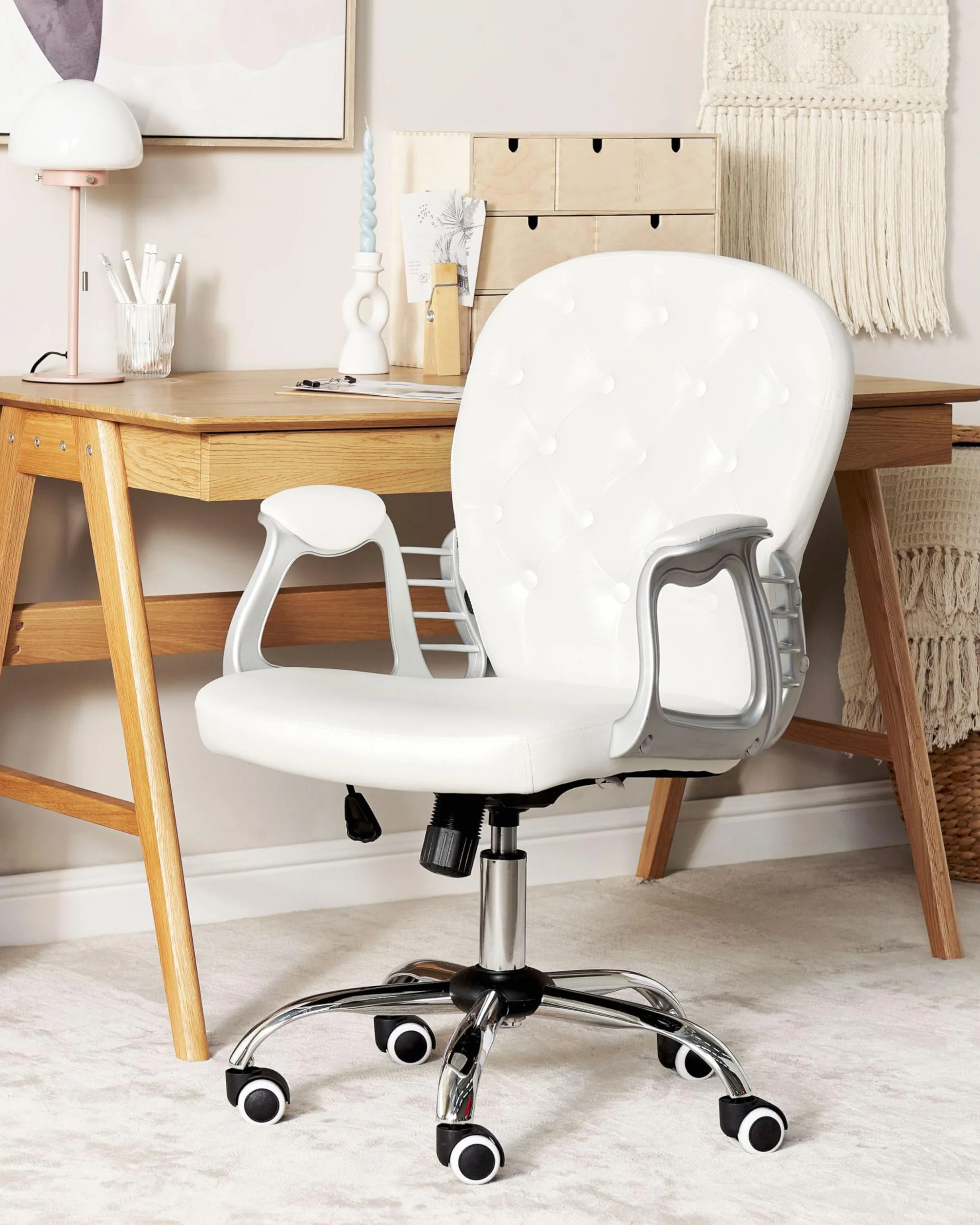 Beliani Silla de Oficina reclinable de Piel sintética Blanco Plateado Negro Giratorio Princess