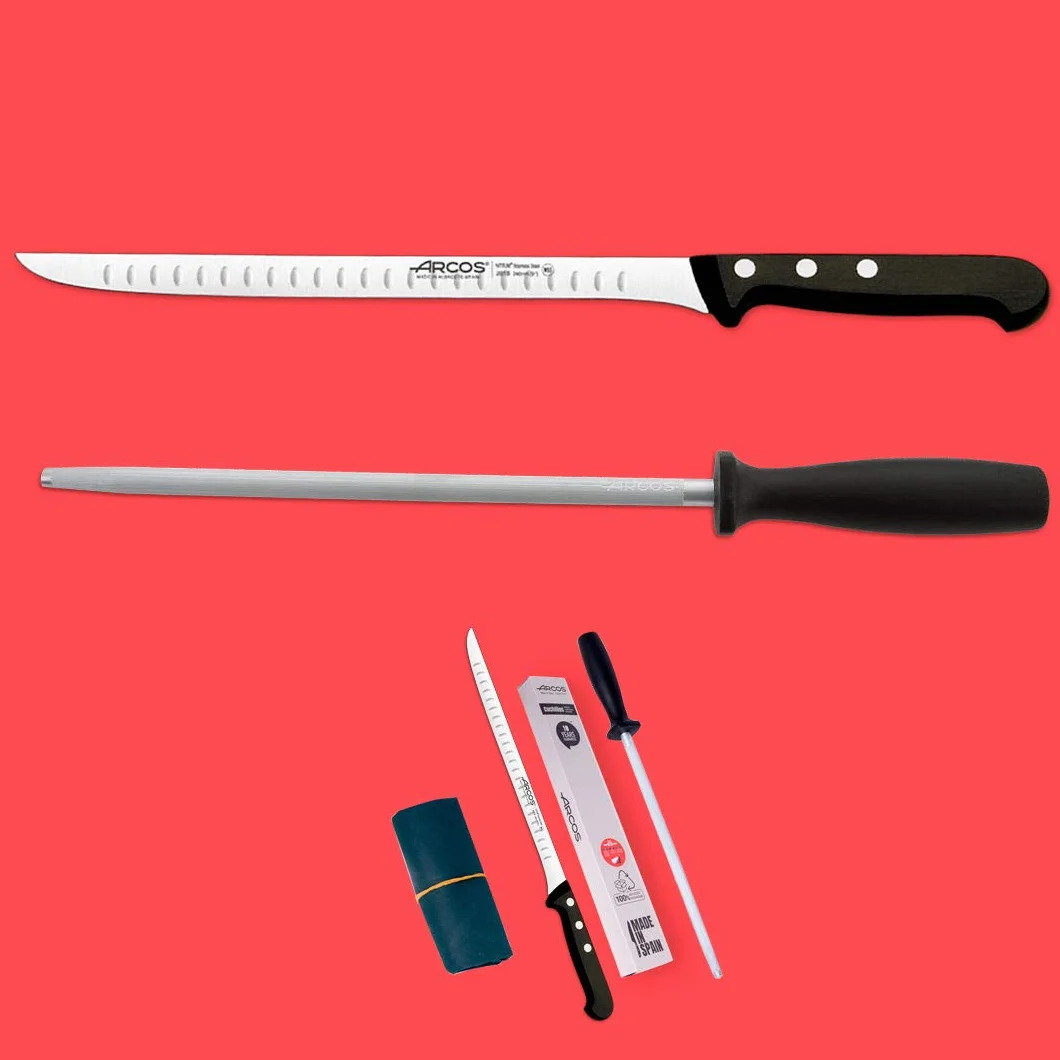 Arcos | Juego Cuchillo Jamonero 3 Pzas | jamonero Acero Inoxidable (240 mm), afilador Chaira y Cubre jamón | Juego Cuchillos jamonero Profesional | Paleta ibérica | Eco