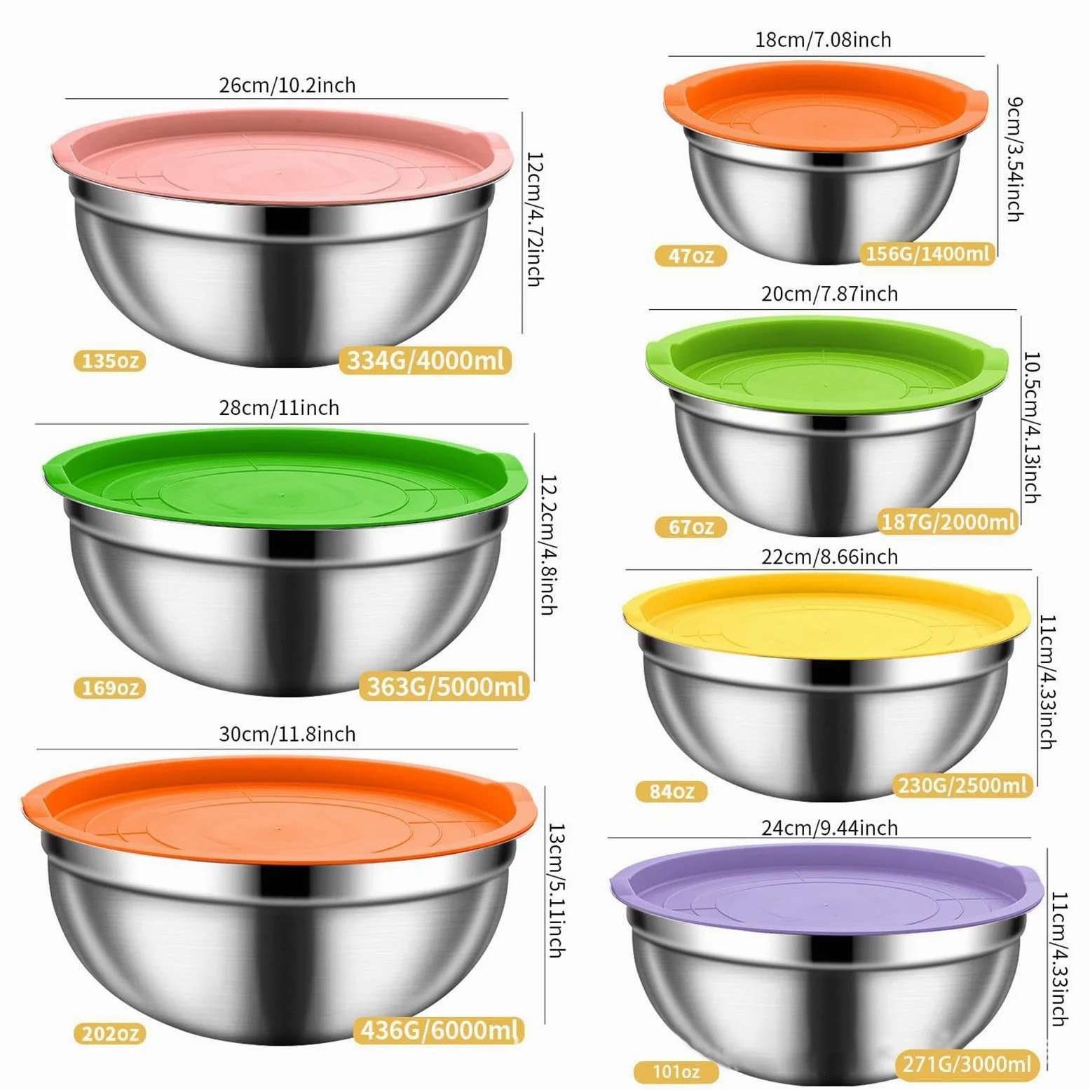 Bol para Mezclar con Tapa Herméticas de Acero Inoxidable, Juego Apilable | Ideales para preparar y conservar alimentos en el frigorífico para Salsas, Cereales, Snacks, Huevos, Aderezos, Verduras,