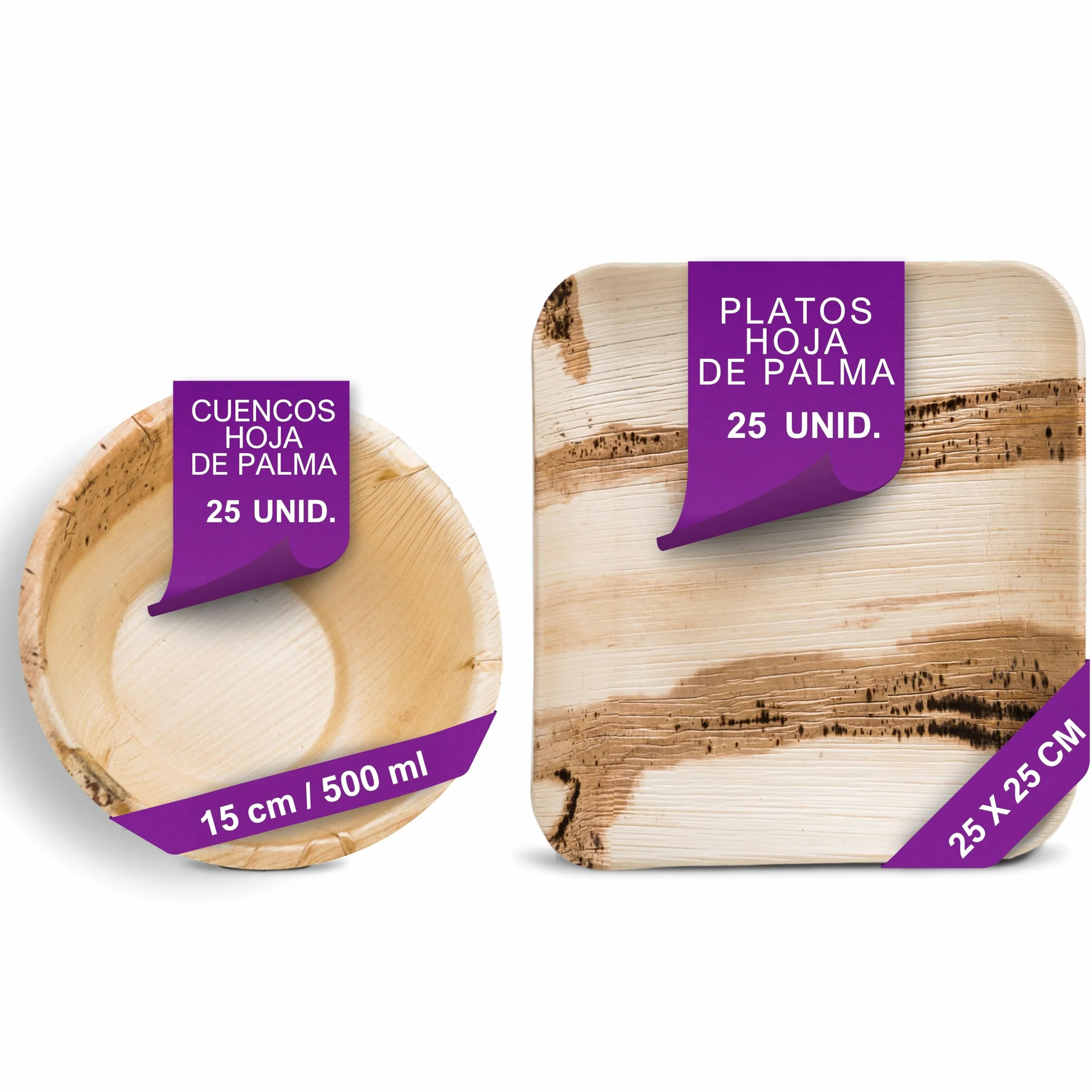 Vajilla Desechable de Hoja de Palma Orgánicos - 25 pz. Cunecos Ø 15 cm/ 500 ml y 25 Platos Cuadrados 25x25 cm