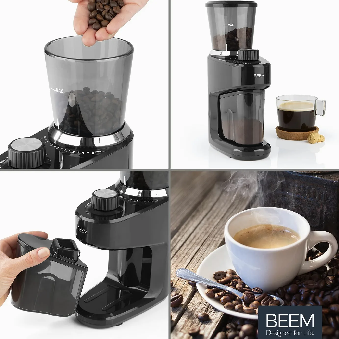 BEEM 3980 Grind-Intense Molinillo de café eléctrico, 160 g, mecanismo cónico de acero inoxidable, ajuste de grado de molienda de 15 niveles, recipiente de granos extraíble, 150 W