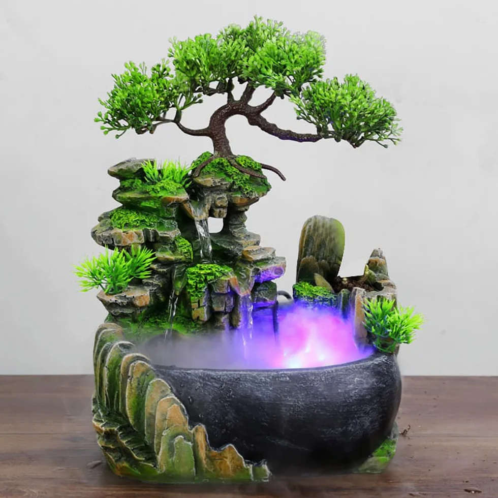 Fuente de escritorio, fuente de habitación con iluminación LED, fuente de mesa interior cascada con niebla, fuente de habitación con plantas, fuente para sala de estar, escritorio verde