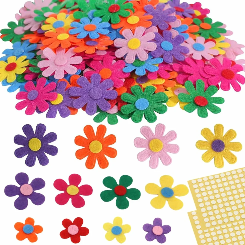MSLSOZ 150 pétalos de fieltro, flores de fieltro coloridas, flores de cinco y ocho pétalos y mini flores, con 200 nanotapes de doble cara de 8 mm, adecuados para manualidades hechas a mano y