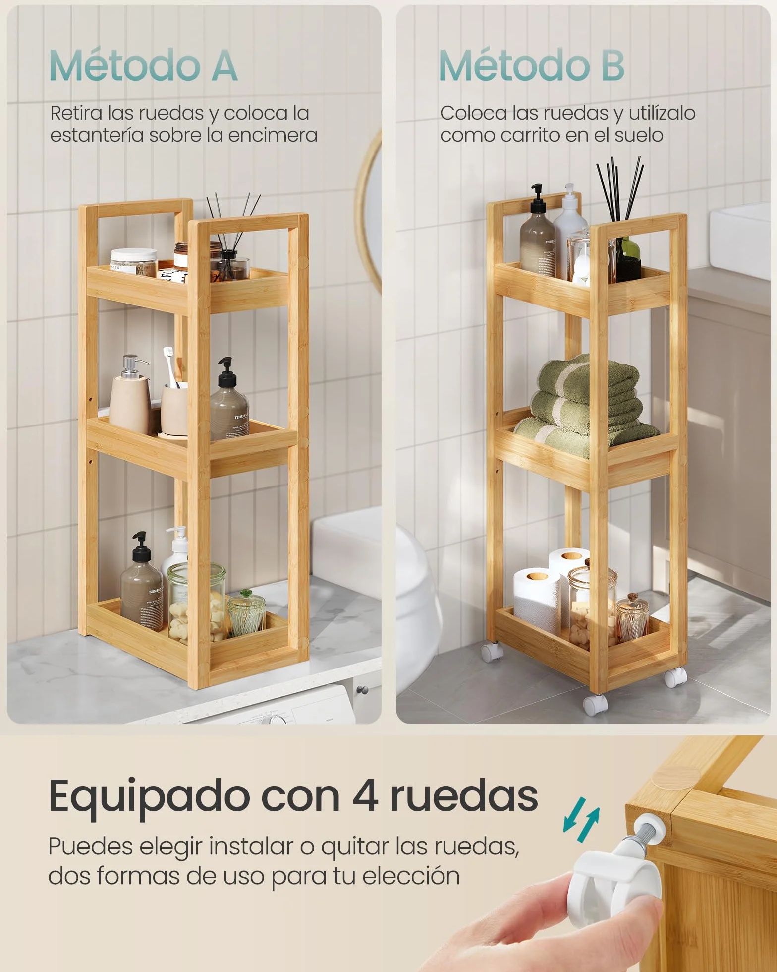 SONGMICS Carrito de Baño 3 Niveles Bambú Estrecho con Ruedas 20x30x80 cm Beige Natural
