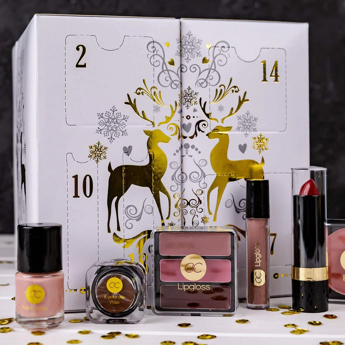 Accentra – calendario de Adviento de belleza con 24 artículos de maquillaje&cosméticos- Calendario para mujeres con brillo de labios, rímel esmalte de uñas, sombras de ojos, aplicadores y más