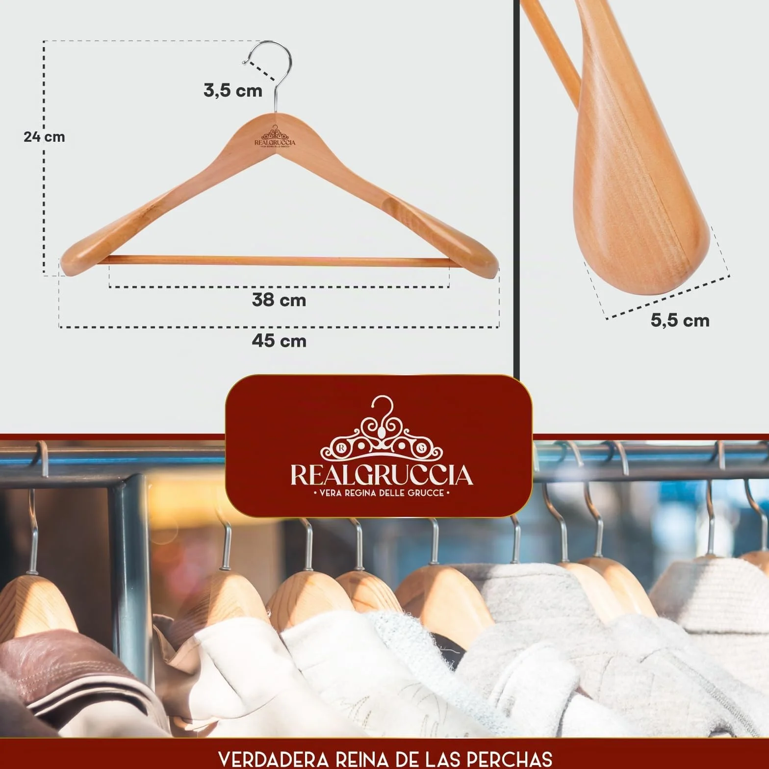 6 Perchas de Madera Natural con Hombros Anchos para Ropa Trajes Abrigos 24x45cm RealGruccia - Barra para Pantalones Gancho Giratorio 360° - Acabado Liso y Perfil Biselado