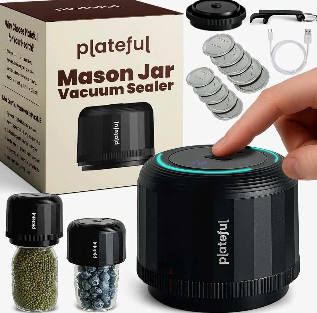 Plateful Kit de sellado al vacío eléctrico para tarros Mason Jar (tapas incluidas) para tarros de boca ancha y boca regular, sellador al vacío portátil, máquina enlatadora de almacenamiento de