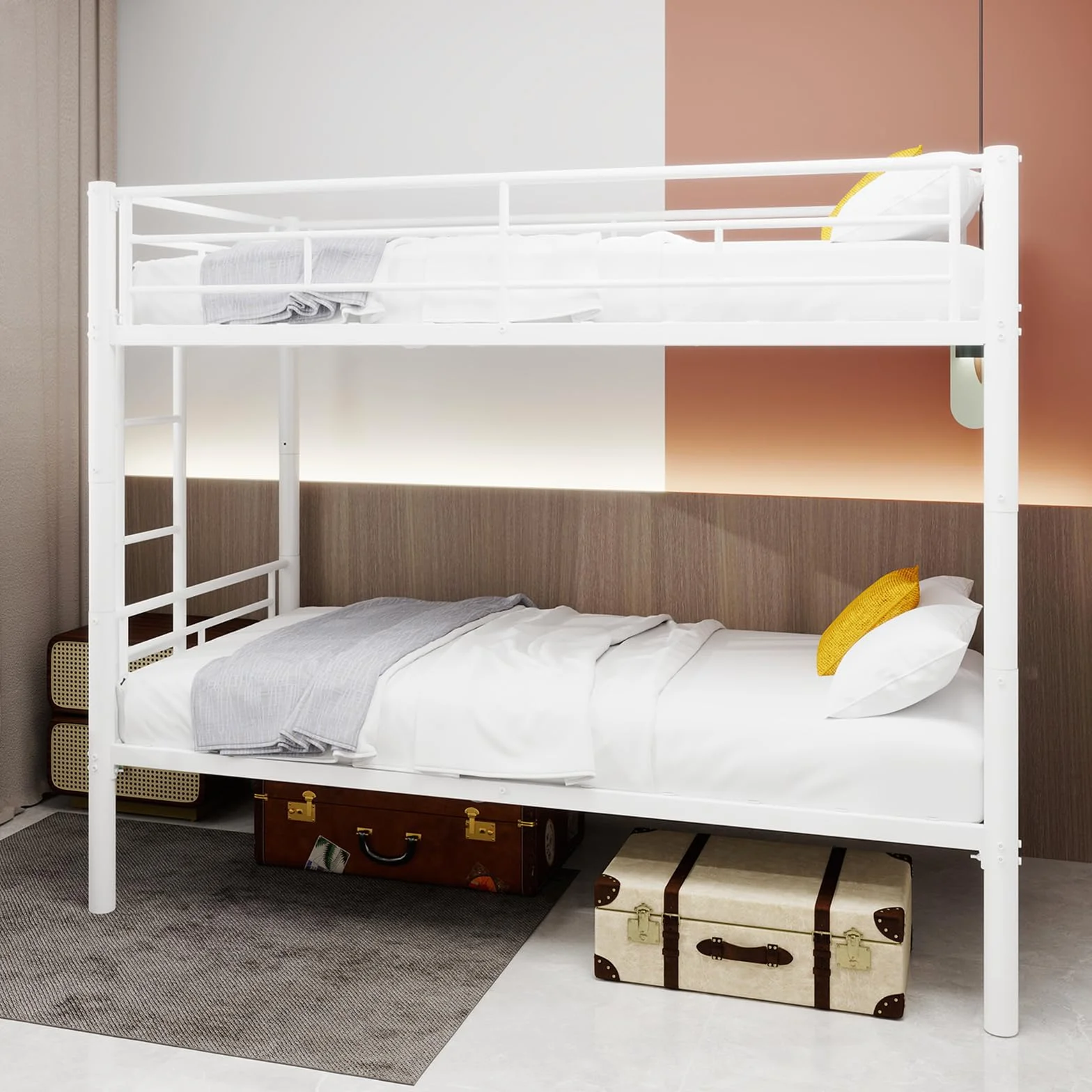 Litera de hierro, 90 x 190 cm, estructura metálica con escalera y barandilla, convertible en dos camas, apta para adolescentes y adultos (sin colchón) (blanco)