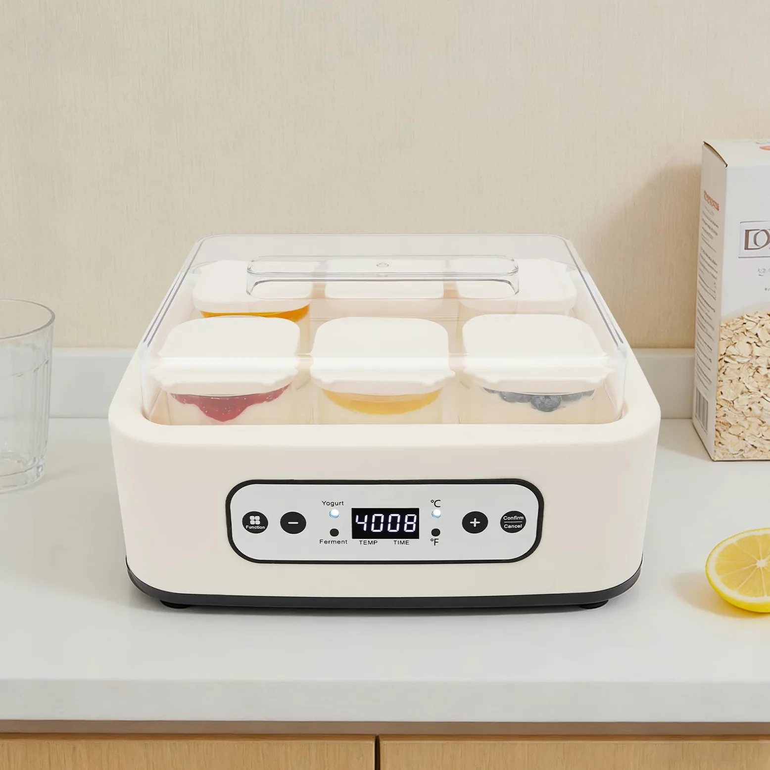 Yogurtera de 25 W, con 6 vasos de cristal de 250 ml, yogurtera con temperatura/pantalla LCD/temporizador, máquina de yogur para fermentar yogur, natto, vino de arroz
