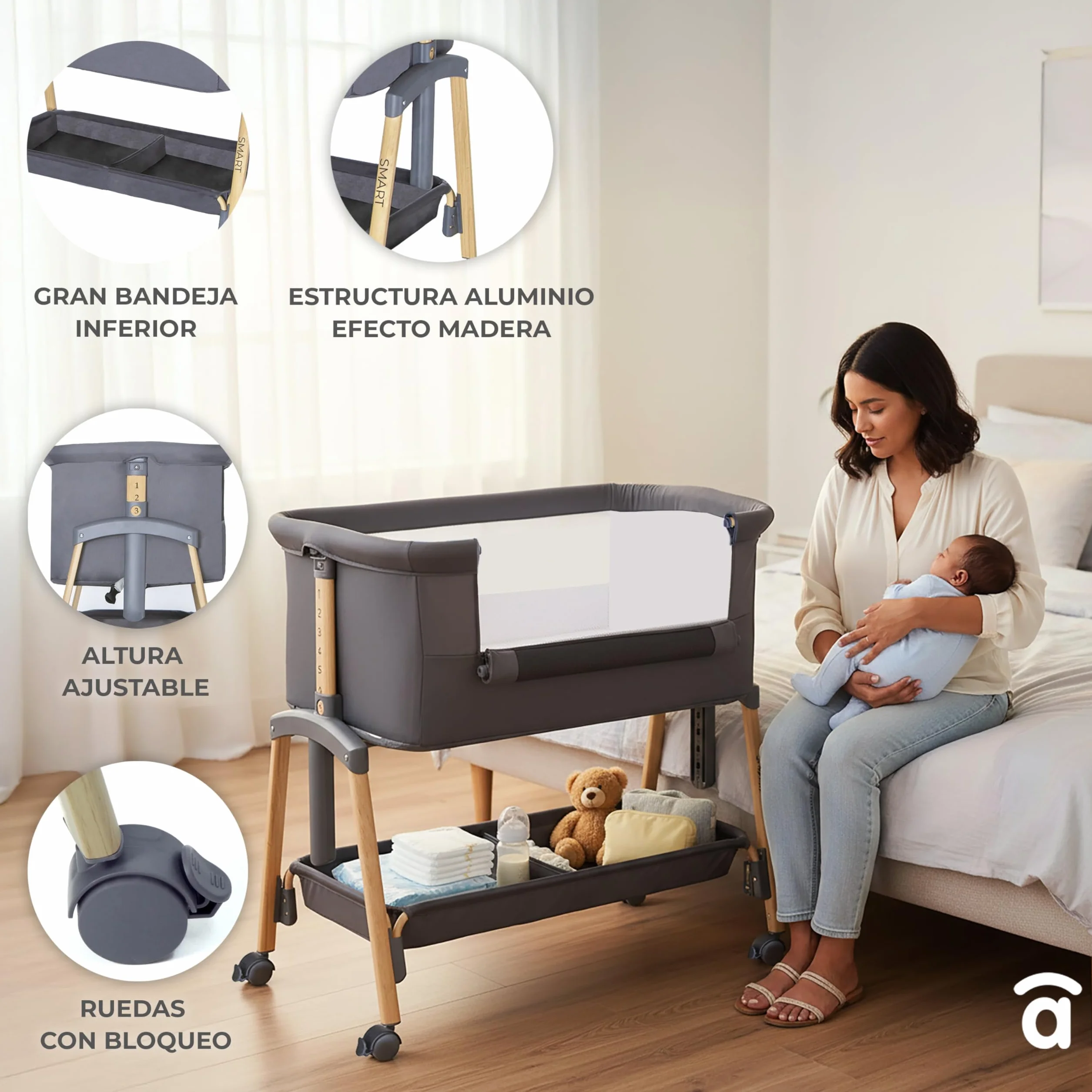 Asalvo Smart Minicuna Colecho Bebé 2 en 1 – Cuna Colecho con 7 Alturas Regulables, Ruedas con Freno, Colchón Incluido