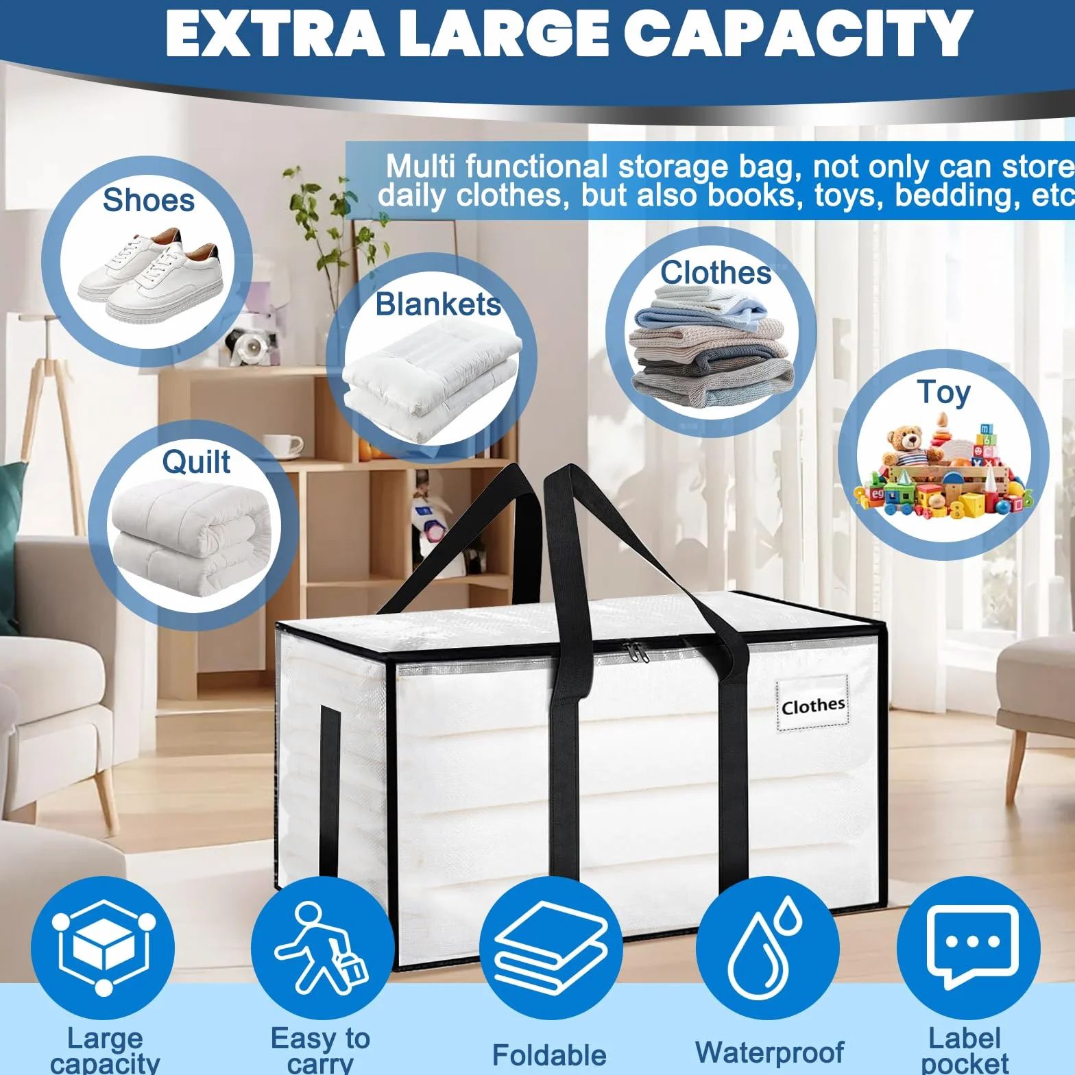 6 bolsas de almacenamiento grandes transparentes de 90 L, con cremallera y asas, para almacenamiento y transporte de ropa, ropa de cama, mudanzas