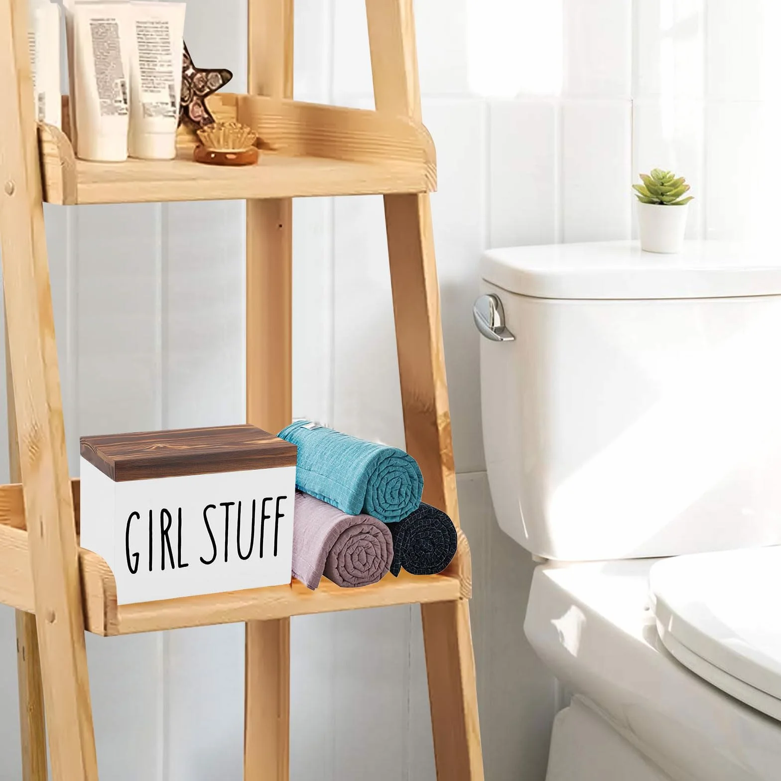 Tefola Caja de almacenamiento para baño de madera, 2 compartimentos con tapa para tampones, compresas femeninas y toallas higiénicas, organizador de artículos de higiene