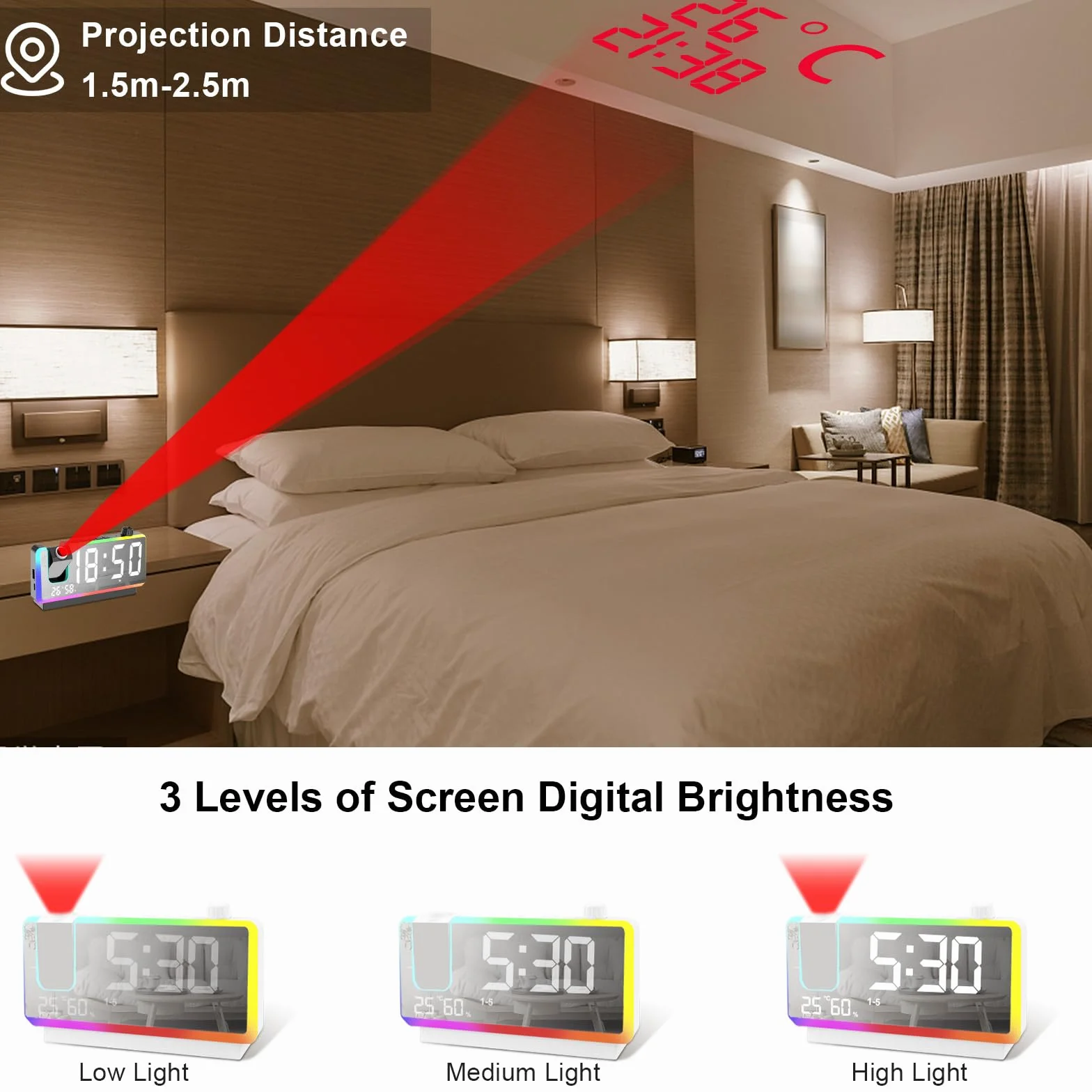 Cuteefun Reloj Proyector Techo, 7 Pulgadas Despertador Digital, Luz Nocturna RGB De 8 Modos, Proyector De 180 °, Doble Alarma, Puerto USB Doble, Temperatura y Humedad, 3 Niveles de Brillos, Blanco