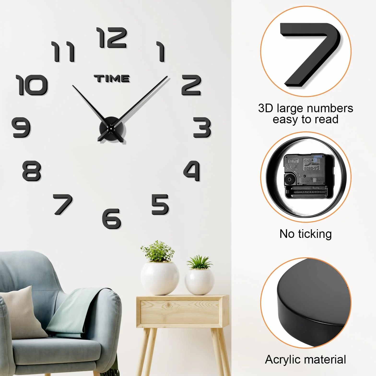 JIZZU 3D Reloj De Pared Grande, DIY Reloj Pareds Digital, Reloj de Pared Silencioso, Reloj Cocina Pared Original, Moderno, Decoración Ideal para Sala de Estar, Dormitorio, Cocina, Oficina, Negro