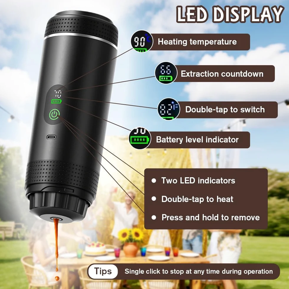 Cafetera Portátil 3 en 1, Mini Cafetera Portátil de Espresso y Capsulas, Autocalentamiento de 5 Minutos, Compatible con Cápsulas y Café Molido, Carga Rápida USB-C, para Acampadas, Senderismo